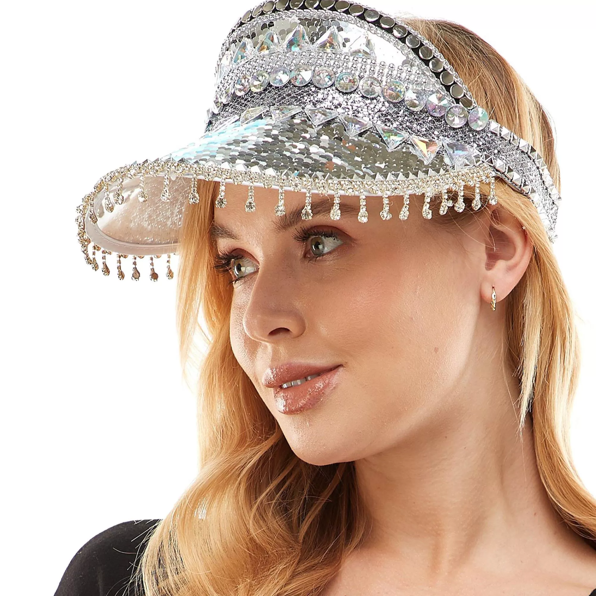 Party City Hats-Adult Festival Beaded Silver Visor