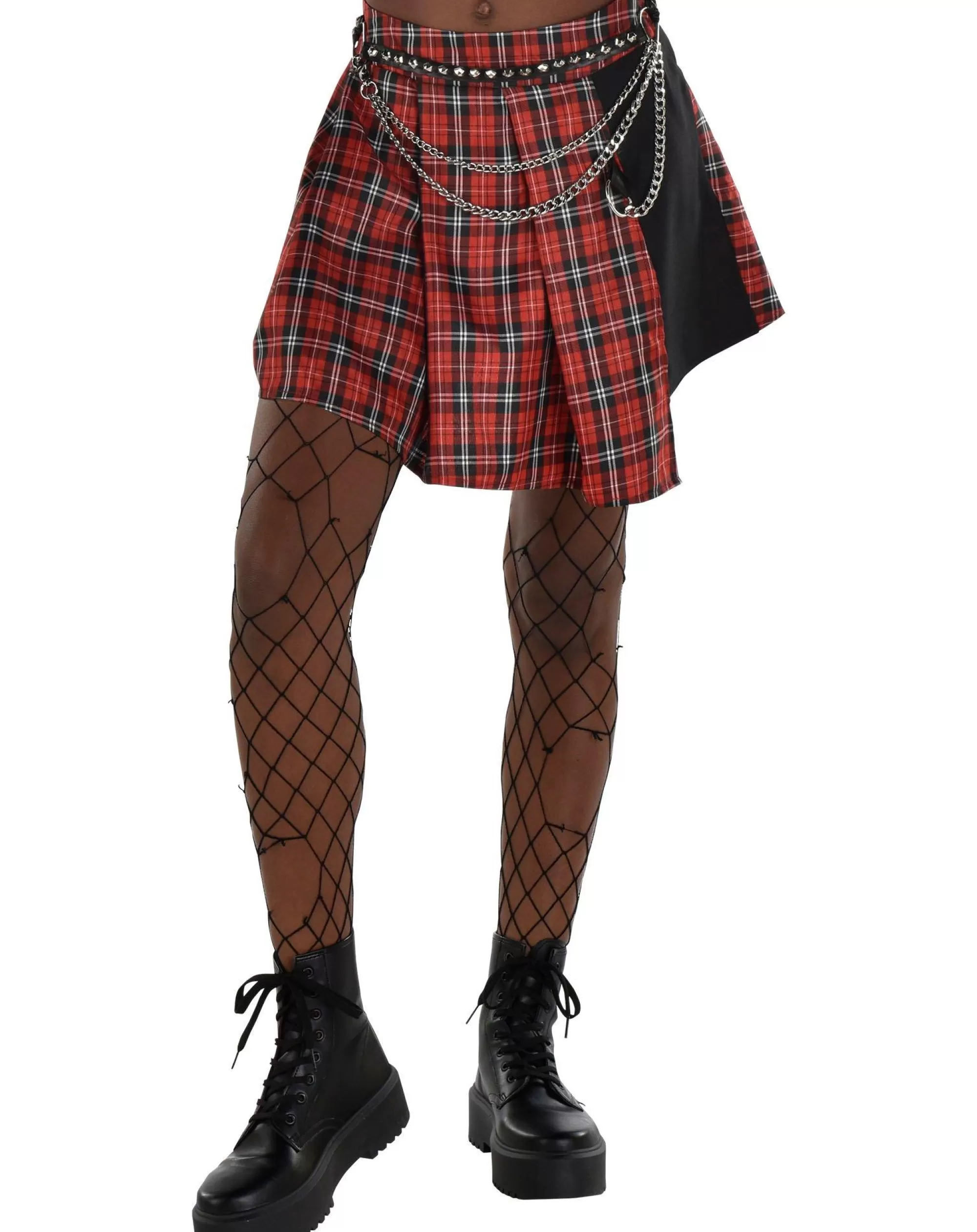 Party City Tutus, Skirts-Adult Red Plaid Pleated Skirt With Chain Belt - Punk