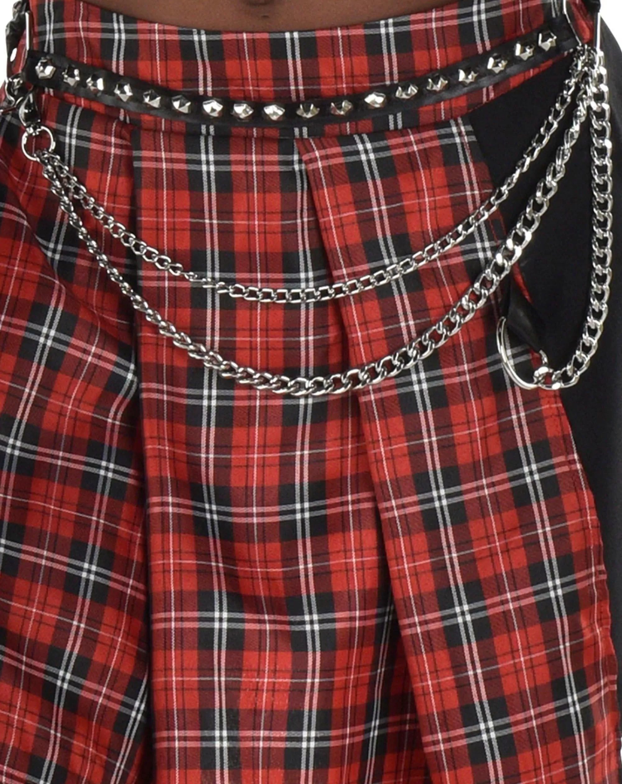 Party City Tutus, Skirts-Adult Red Plaid Pleated Skirt With Chain Belt - Punk