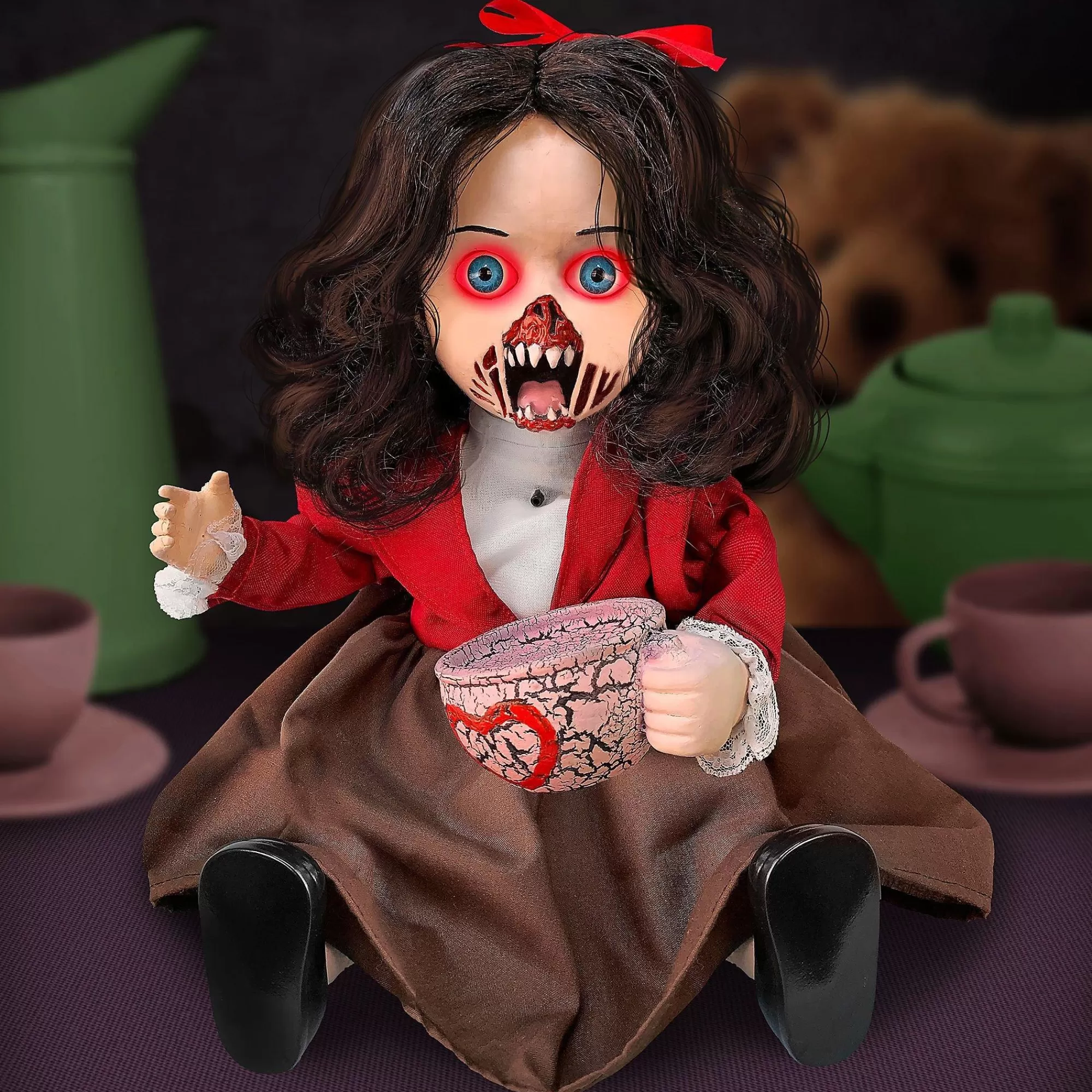 Party City Table Décor & Centerpieces | Animatronic Light-Up Talking Zombie Doll With Tea Cup Plastic & Fabric Decoration, 11In X 12In