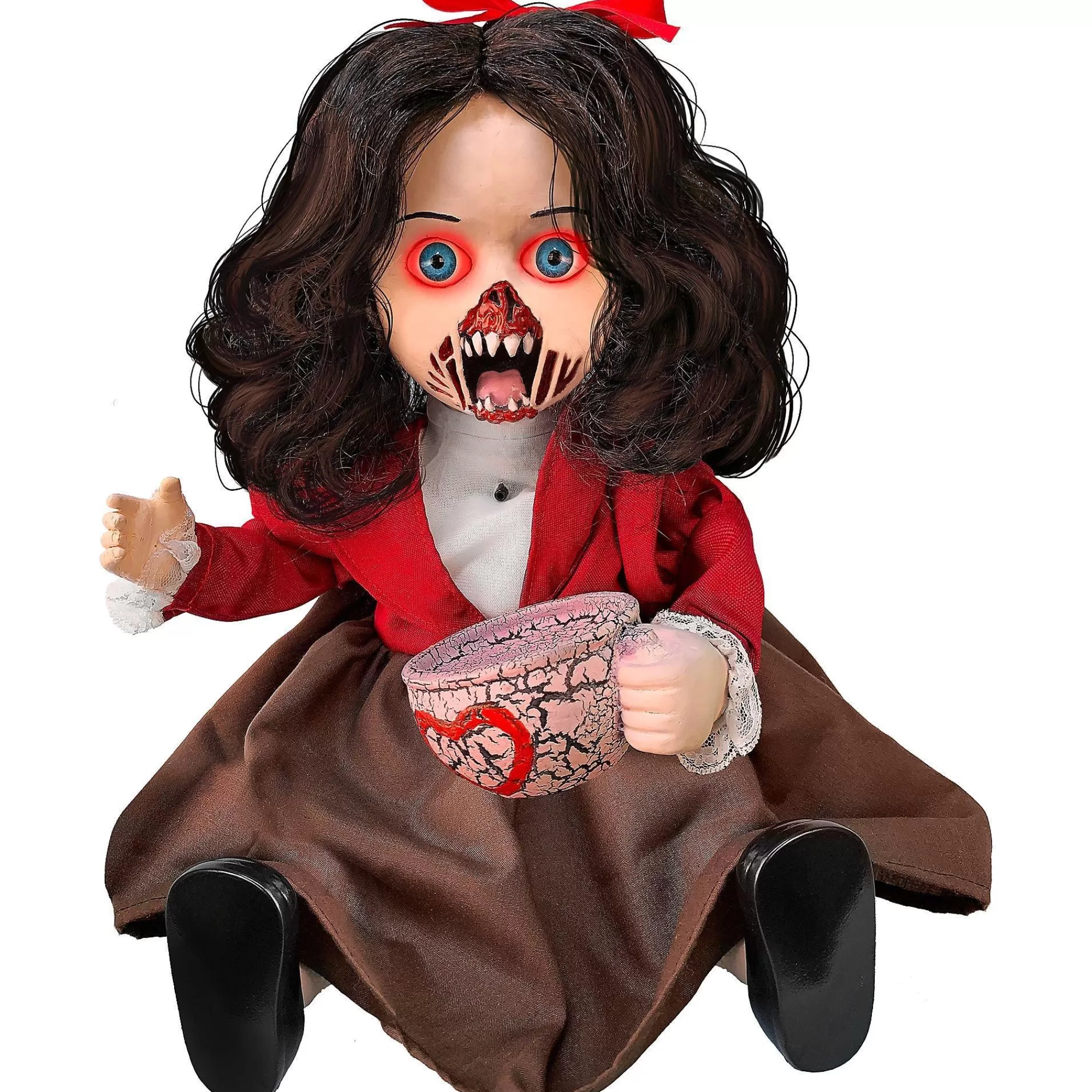 Party City Animatronics | Animatronic Light-Up Talking Zombie Doll With Tea Cup Plastic & Fabric Decoration, 11In X 12In