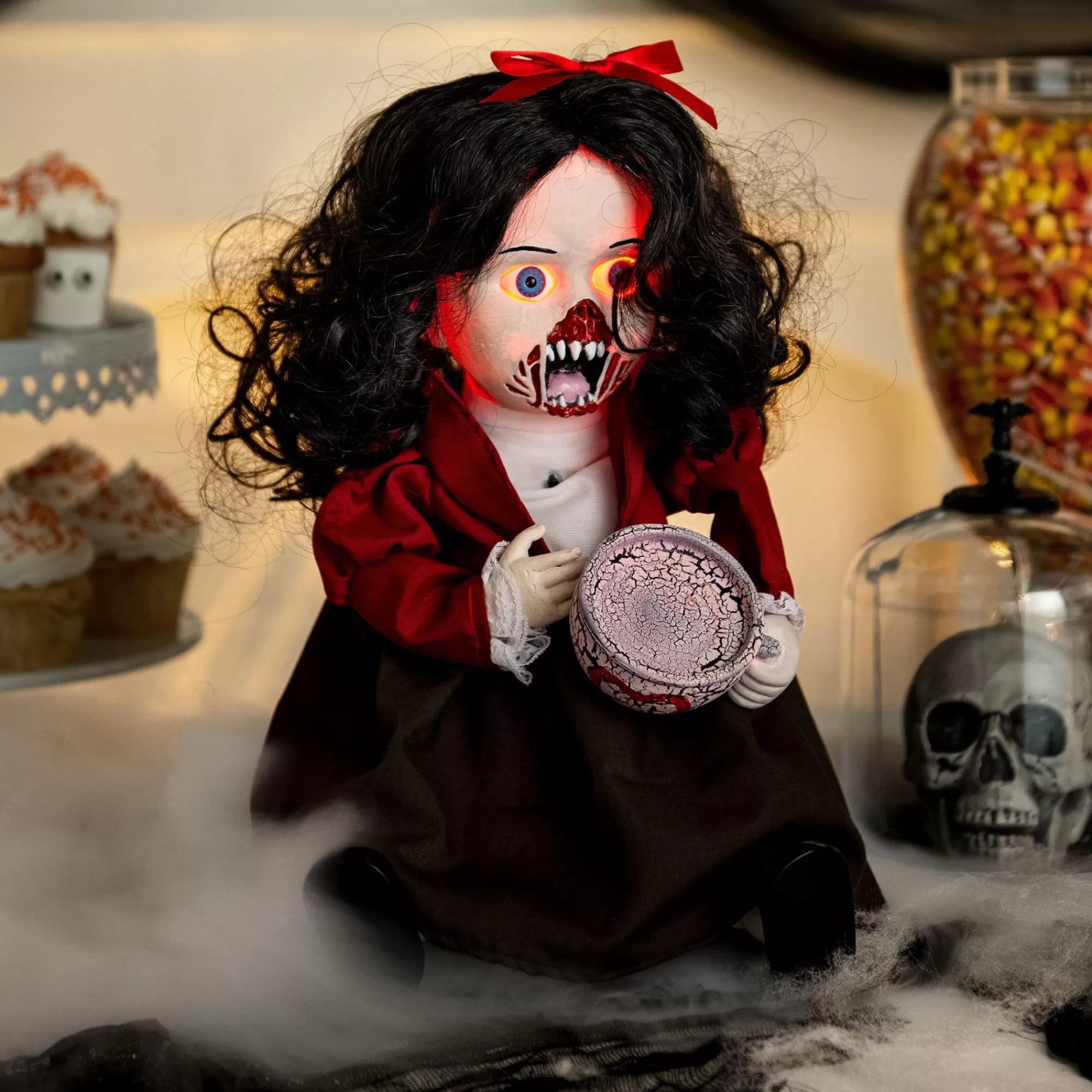 Party City Animatronics | Animatronic Light-Up Talking Zombie Doll With Tea Cup Plastic & Fabric Decoration, 11In X 12In