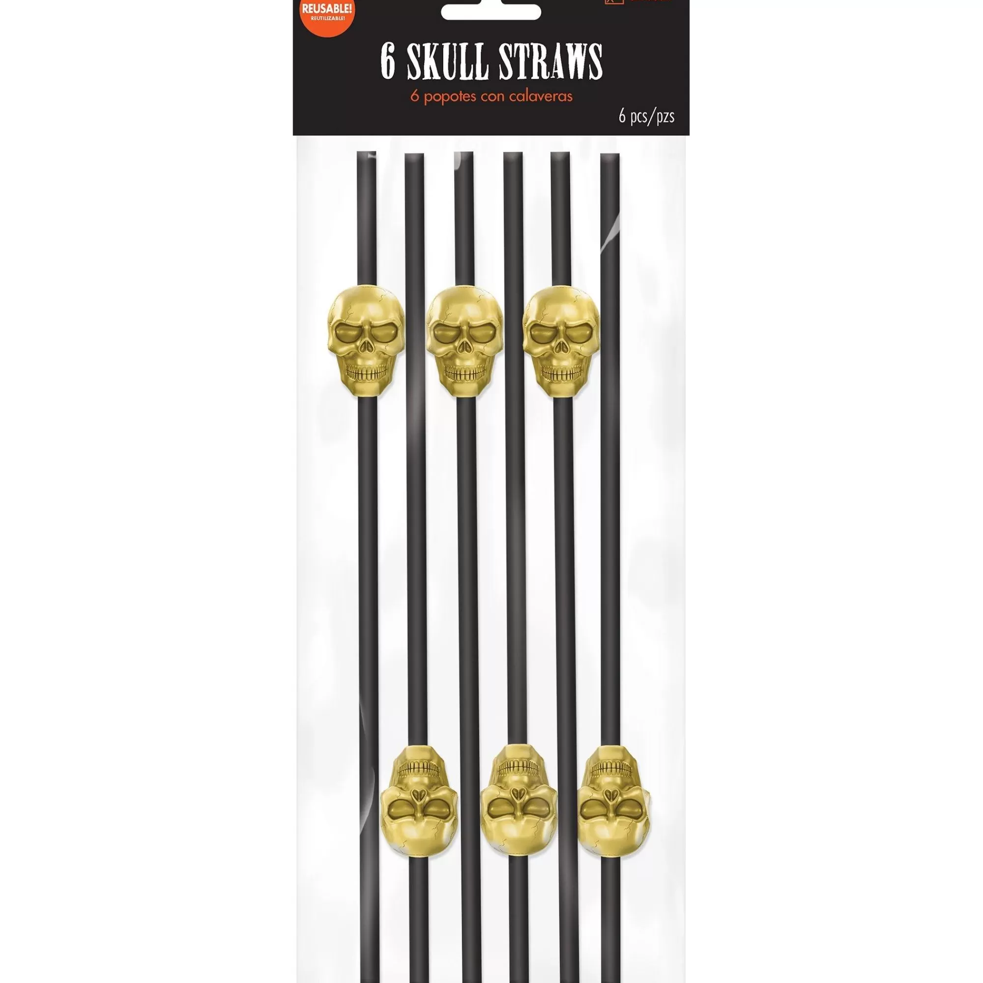 Party City Boneyard Glam | Black & Metallic Gold Skull Straws 6Ct