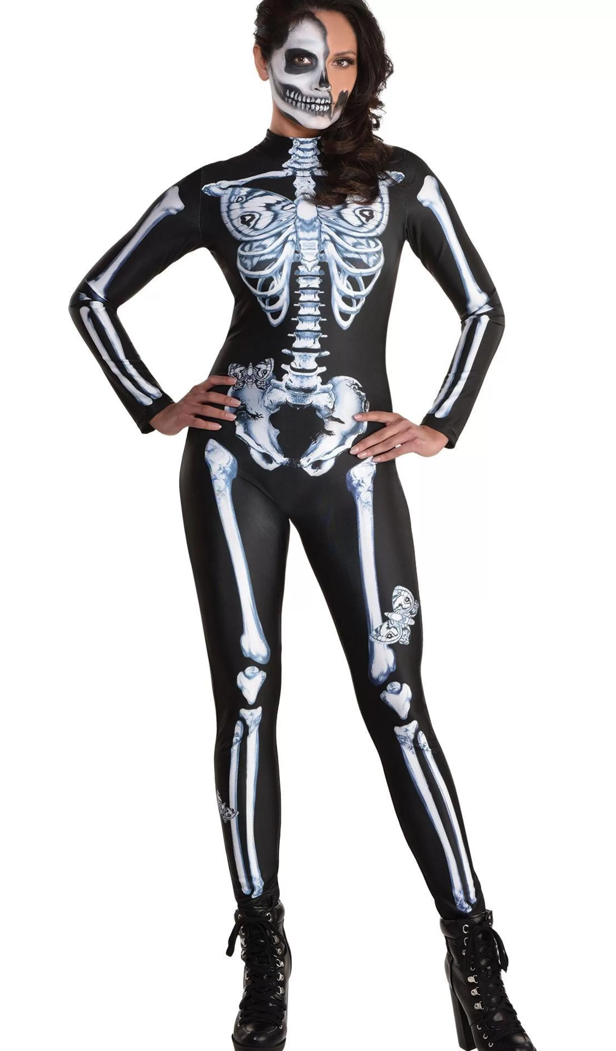 Party City Bodywear-Black & White Skeleton Catsuit With Butterflies For Adults