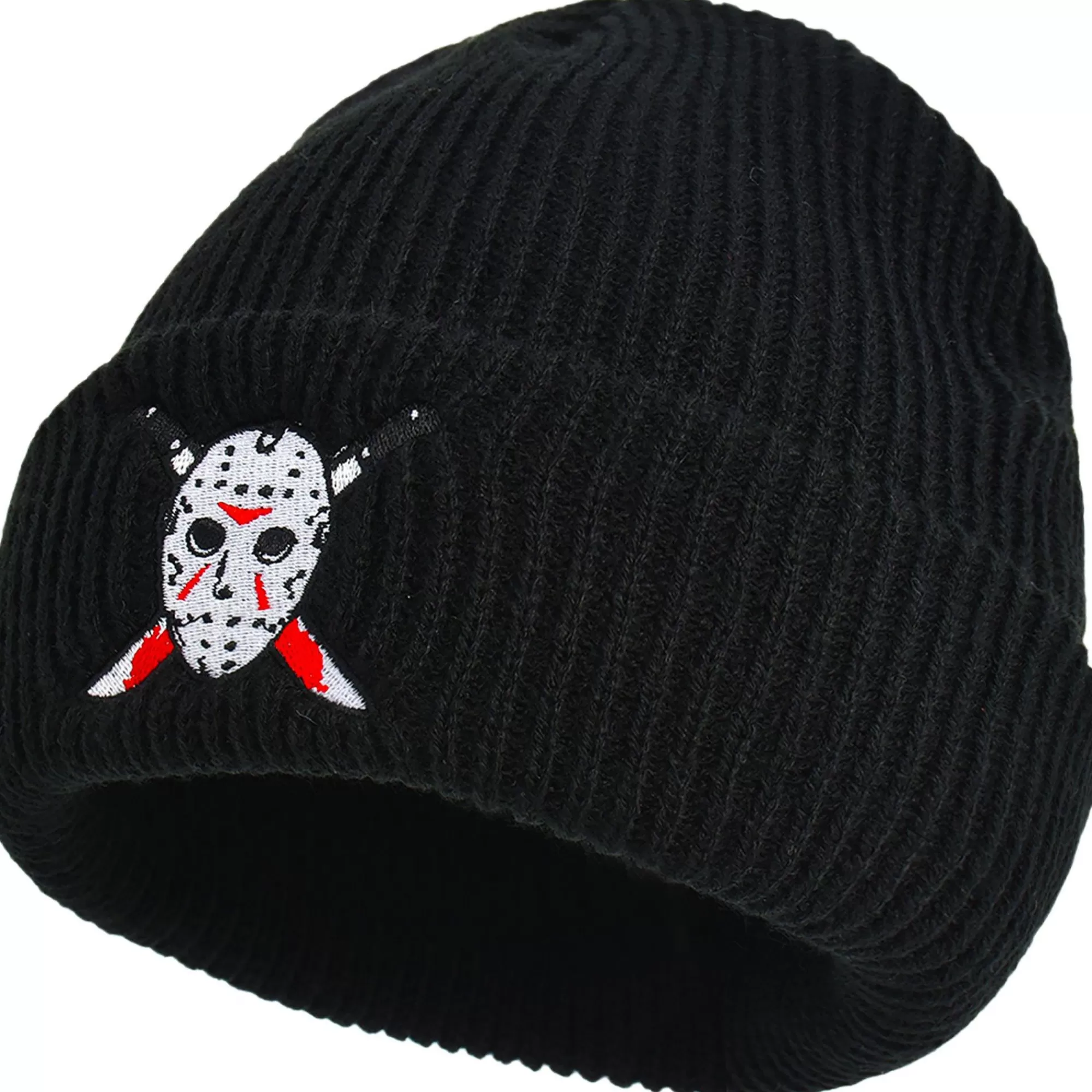 Party City Hats-Black Embroidered Jason Voorhees Mask Acrylic Ribbed Beanie - Friday The 13Th