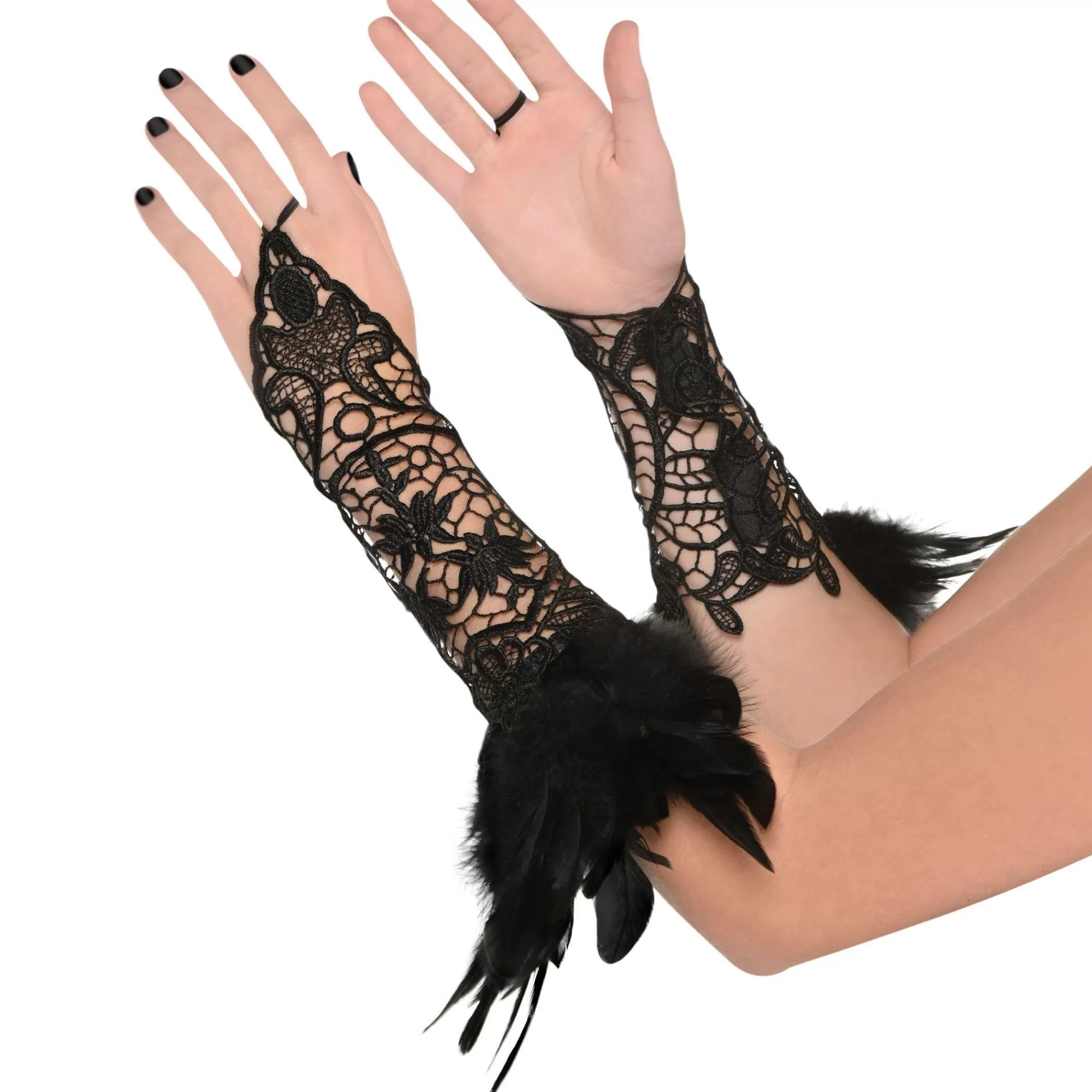 Party City Gloves-Black Lace & Feather Arm Cuffs