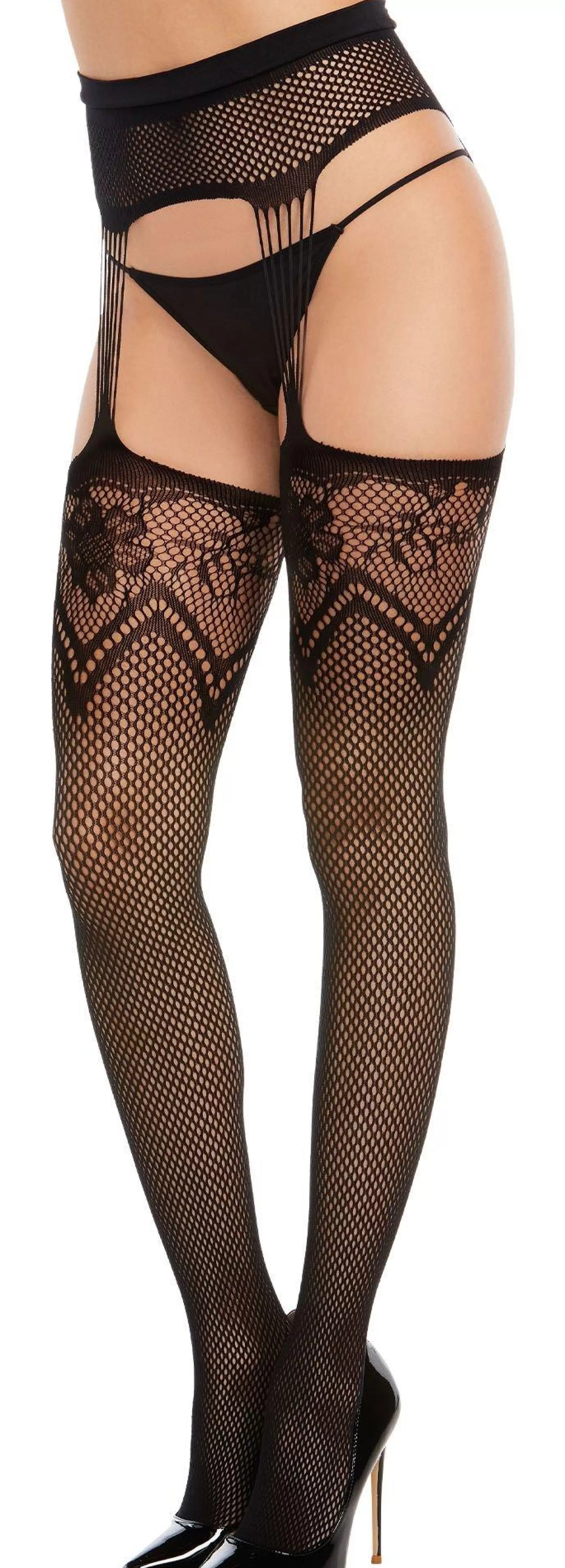 Party City Tights-Black Lace Pantyhose For Adults With Suspender Garter