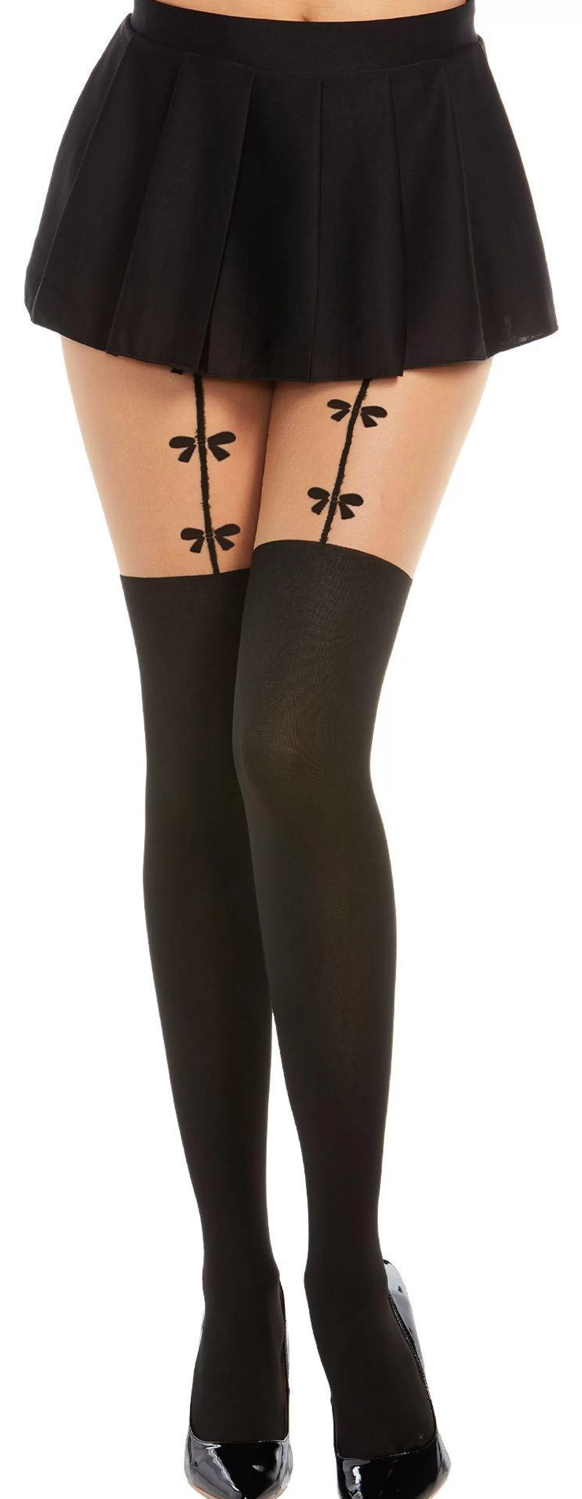 Party City Tights-Black Opaque Pantyhose For Adults With Bow Garter