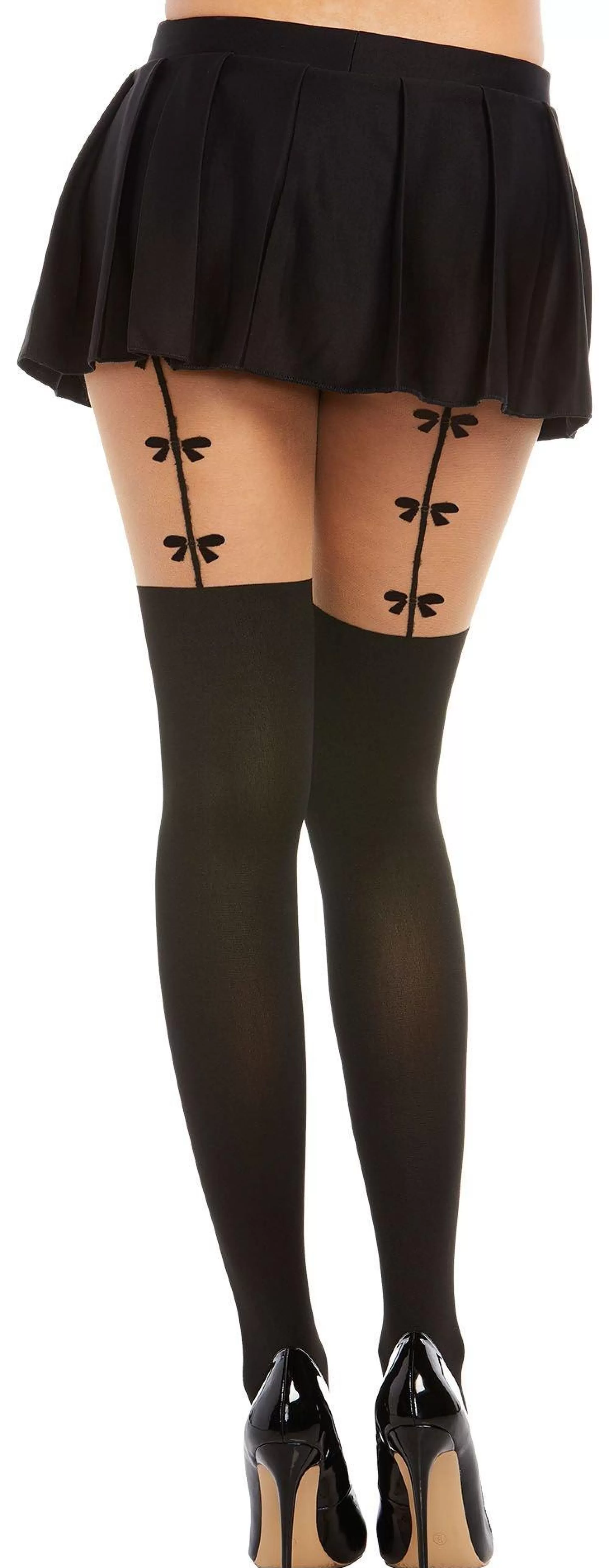 Party City Tights-Black Opaque Pantyhose For Adults With Bow Garter