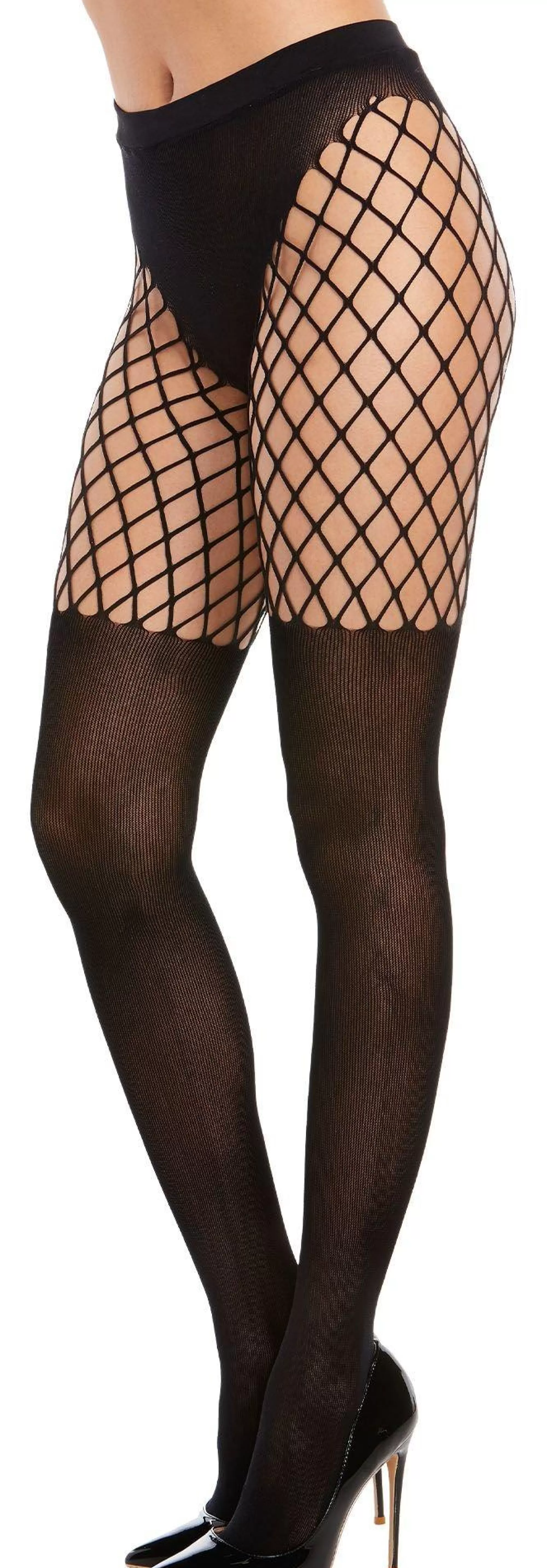 Party City Tights-Black Opaque Pantyhose For Adults With Fishnet Thigh