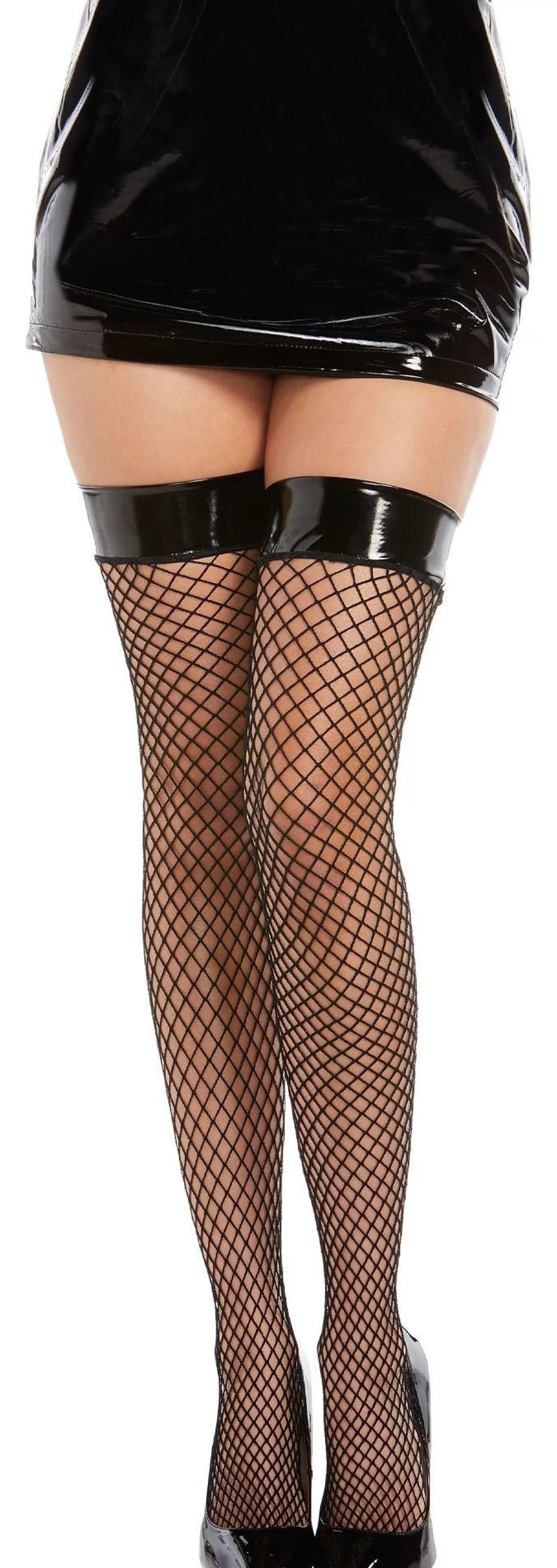 Party City Tights-Black Vinyl Top Fishnet Thigh-High Stockings For Adults