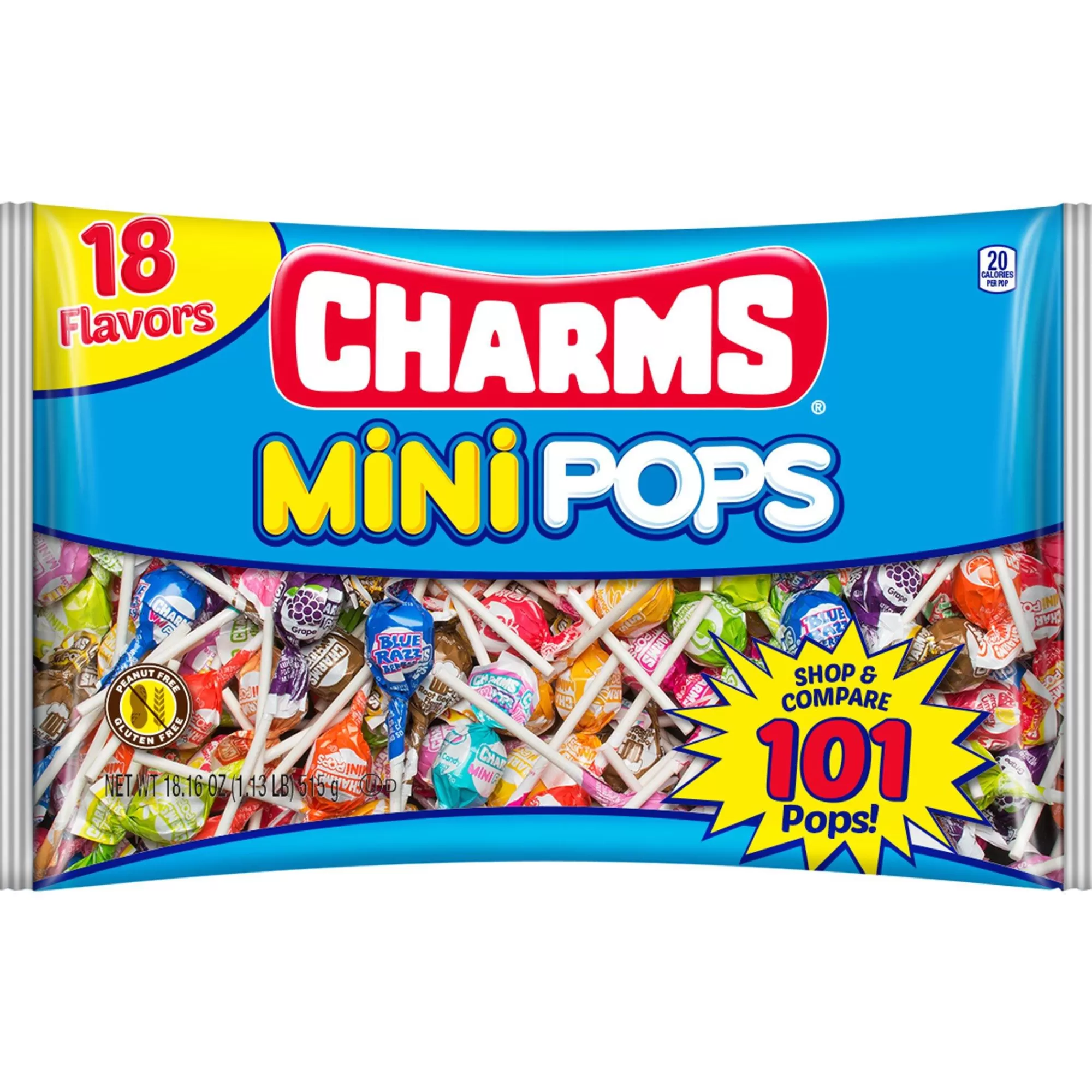 Charms Lollipops- Mini Pops Bag, 101Pc - 18 Flavors