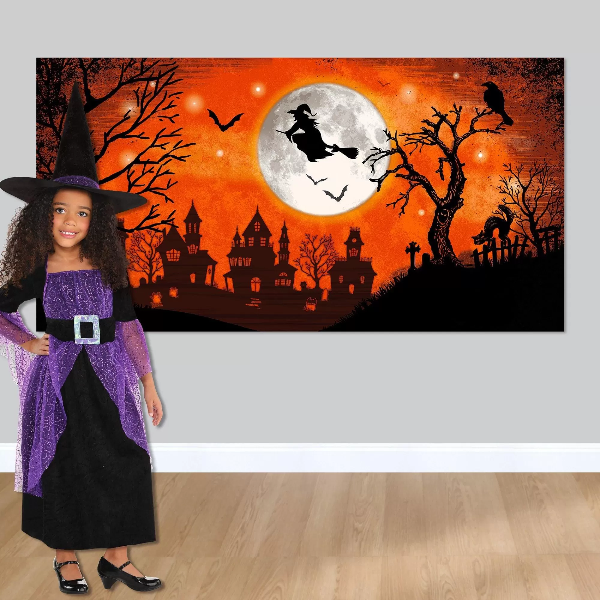 Party City Window & Wall Décor | Classic Orange & Black Witch Plastic Scene Setter Add-On, 5.4Ft X 2.8Ft