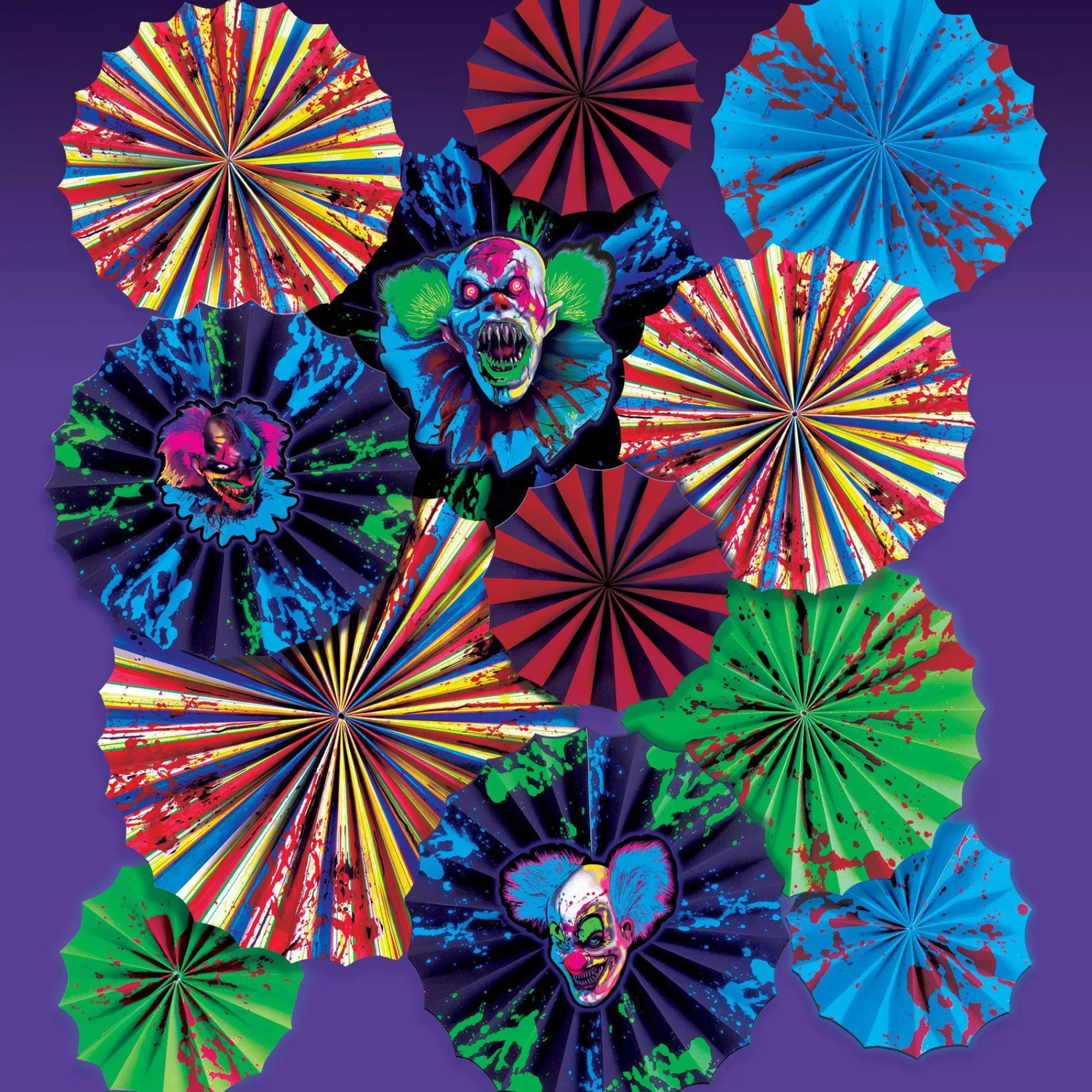 Party City Decorations | Creepy Carnival Black Light Reactive Paper Fan Decorating Kit, 15Pc