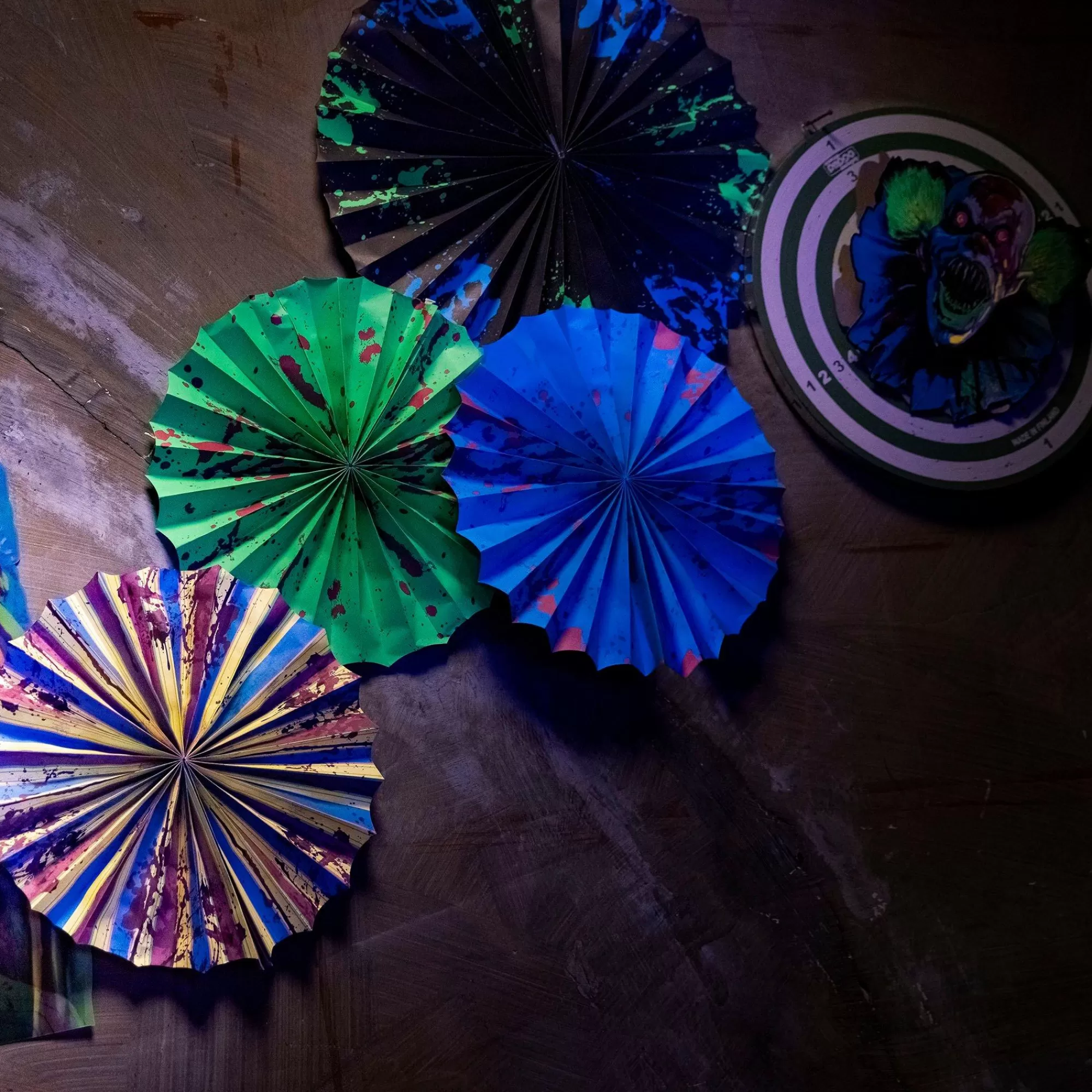 Party City Decorations | Creepy Carnival Black Light Reactive Paper Fan Decorating Kit, 15Pc