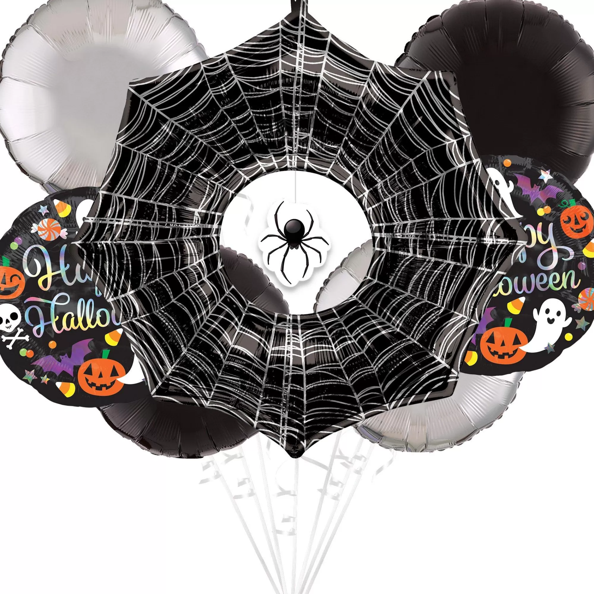 Party City Spiderweb Night | Creepy Spider Halloween Foil Balloon Bouquet, 7Pc