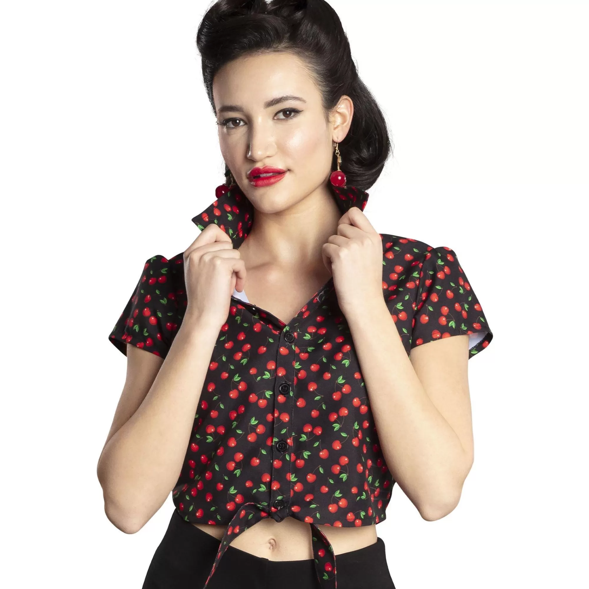 Women Party City 1950S | Cropped Cherry Tie-Front Short-Sleeved Button Down Shirt For Adults