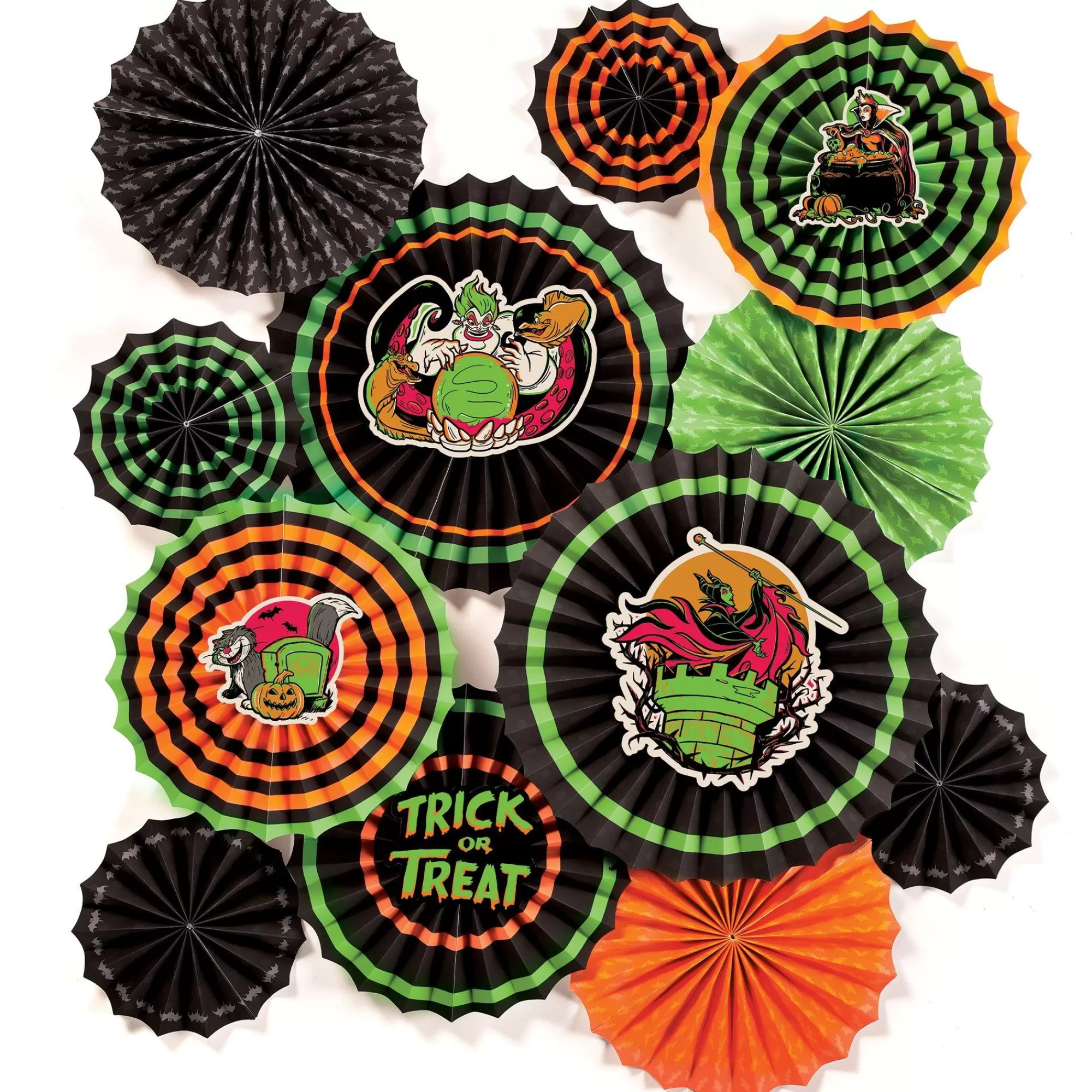 Party City Decorations | Disney Villains Halloween Paper Fan Decorating Kit, 17Pc
