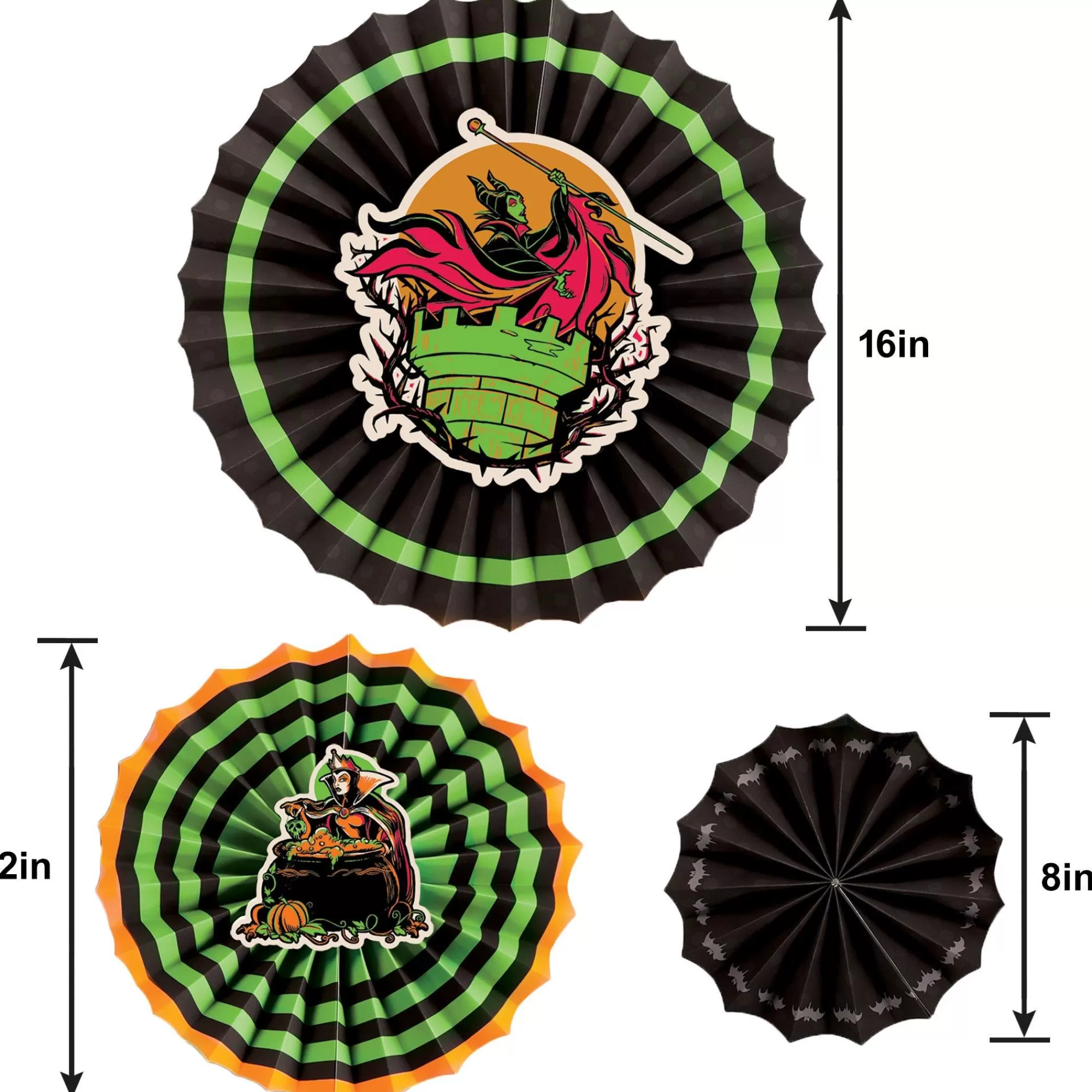 Party City Decorations | Disney Villains Halloween Paper Fan Decorating Kit, 17Pc