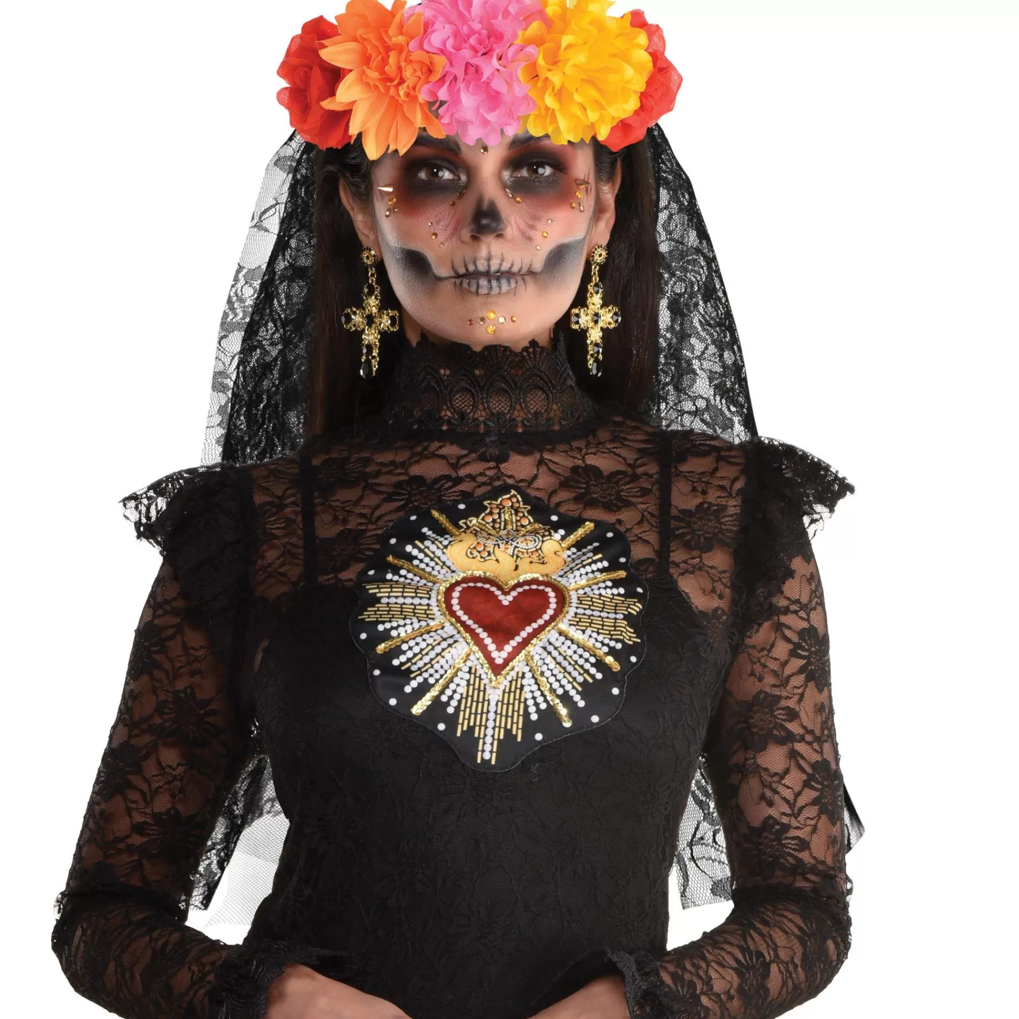 Party City Hats-Floral Black Lace Veil - Day Of The Dead