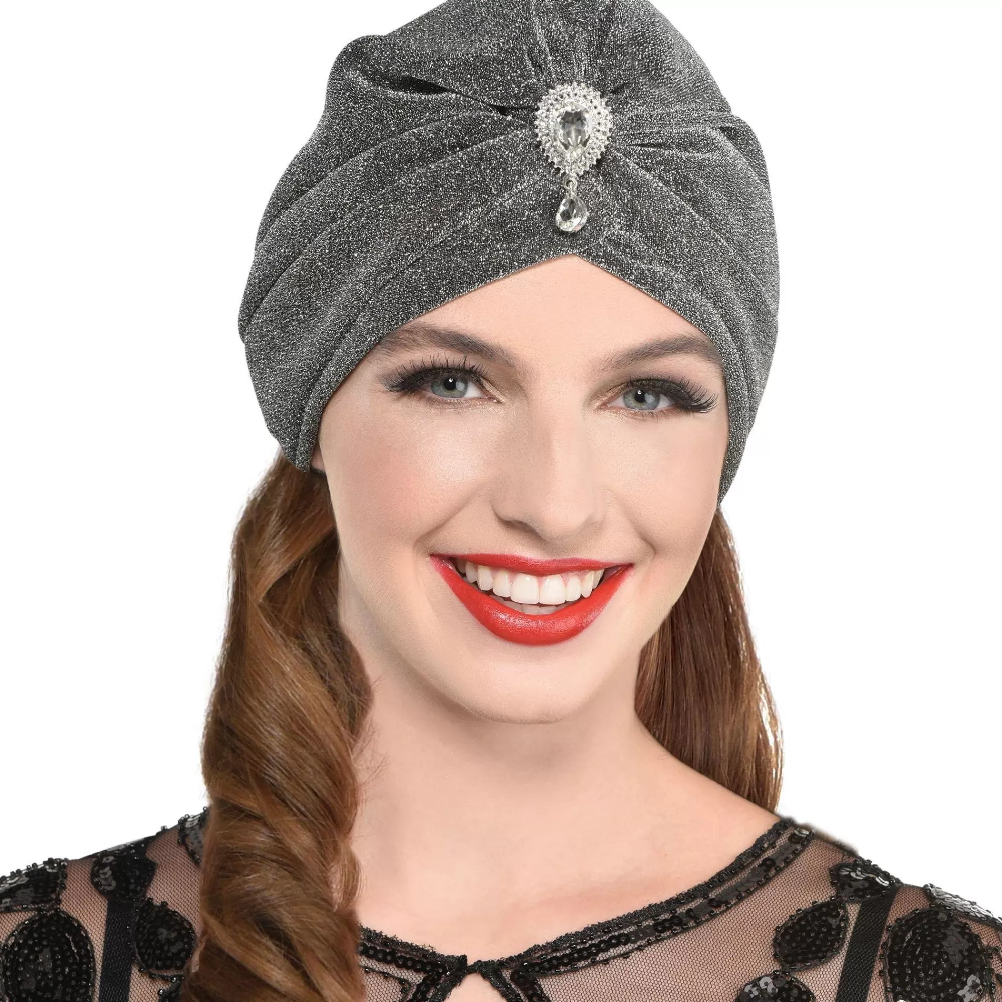 Party City Hats-Gray & Silver 20S Fancy Turban With Gemstone