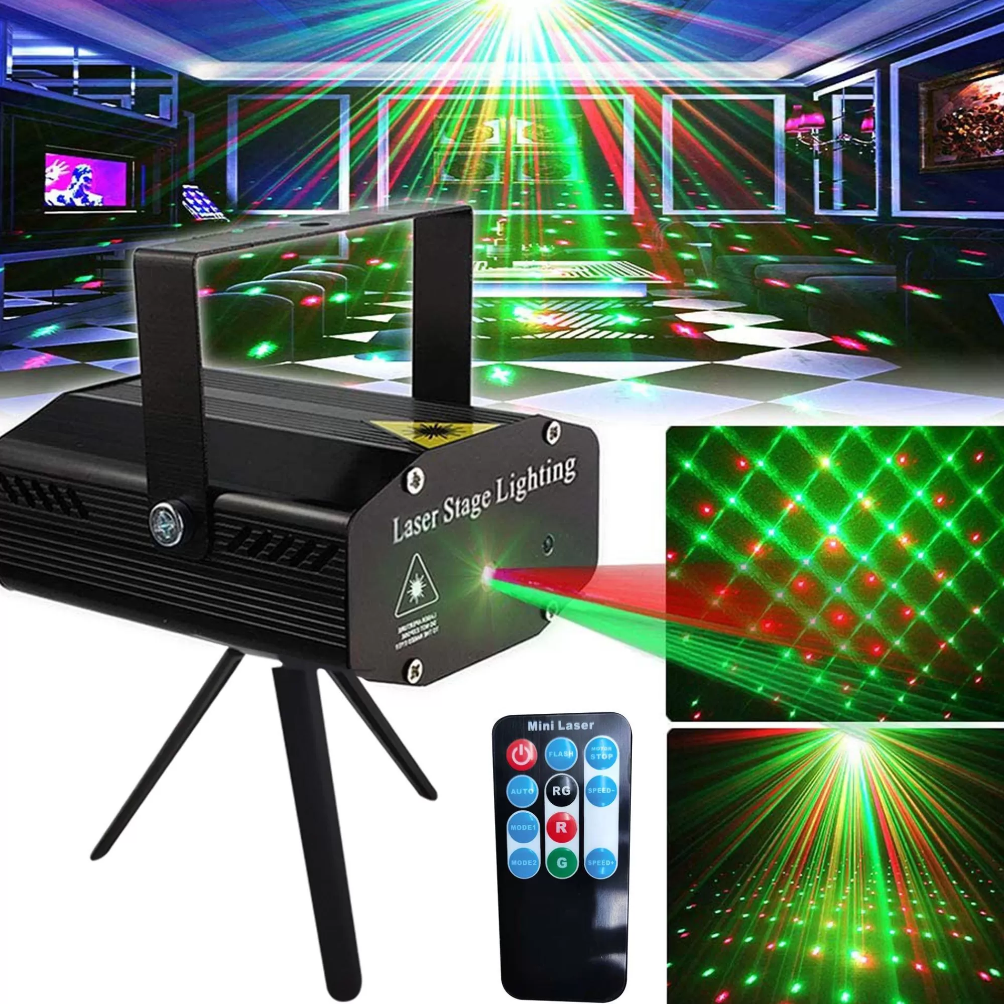 Party City Strobe Lights & Black Lights | Green & Red Mini Laser Stage Lighting Projector With Remote & Tripod