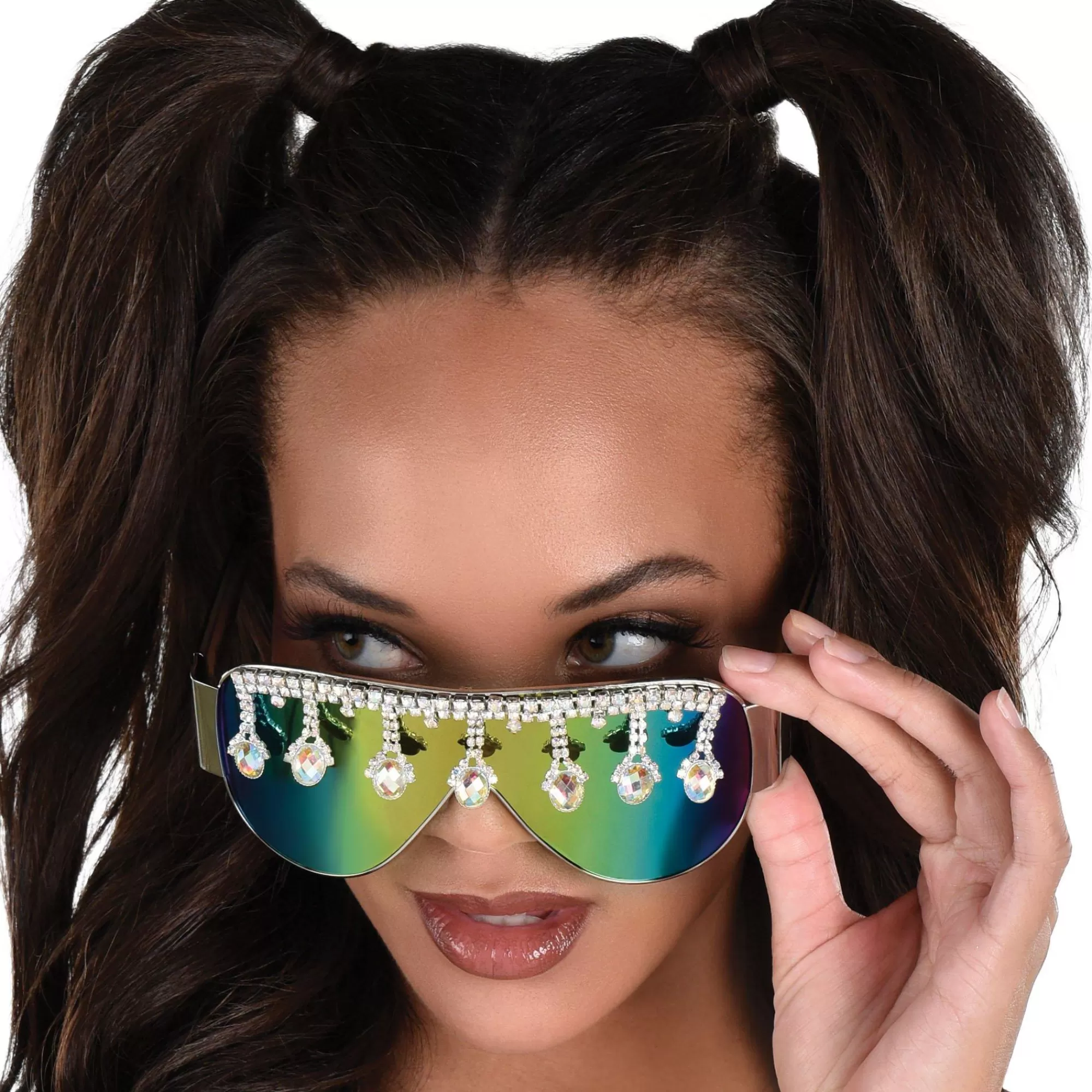 Party City Glasses-Iridescent Mirrored Shield Sunglasses With Rhinestone Trim - Festival