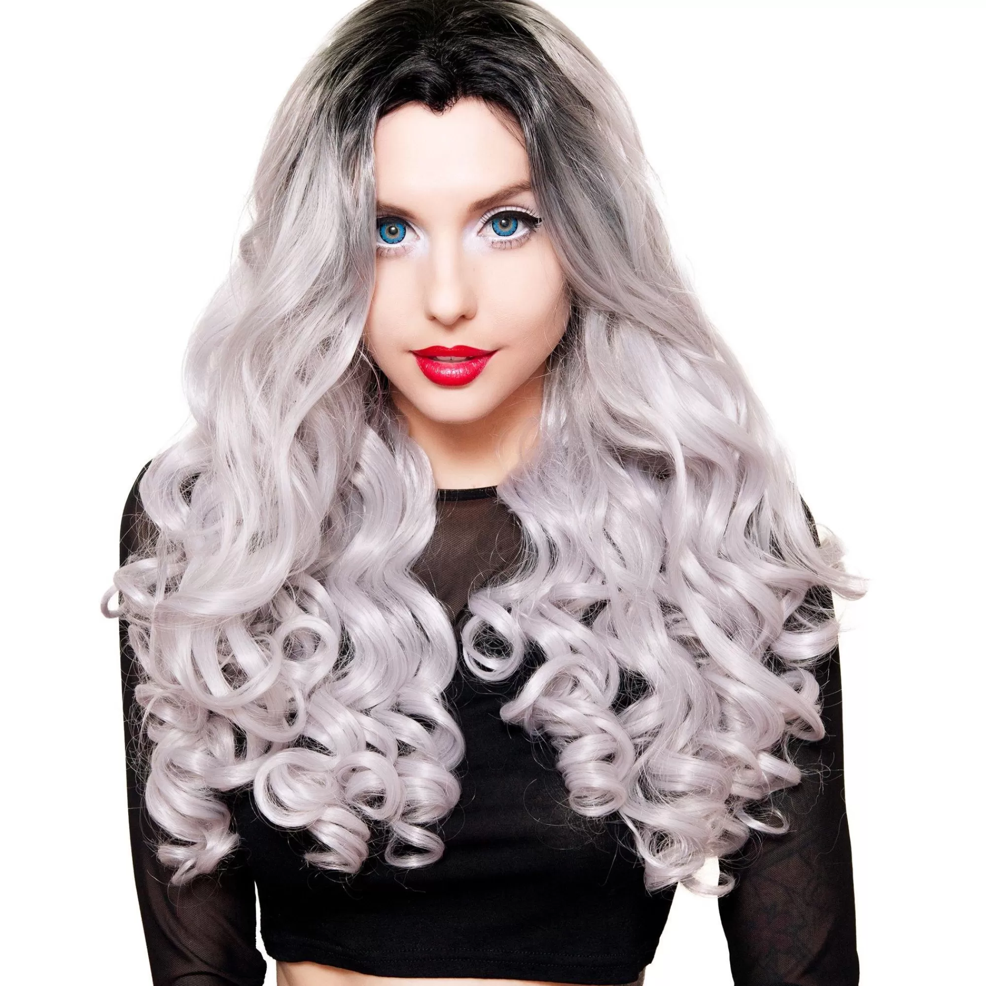 Party City Wigs-Lace Front Dark Roots Curly Silver Wig