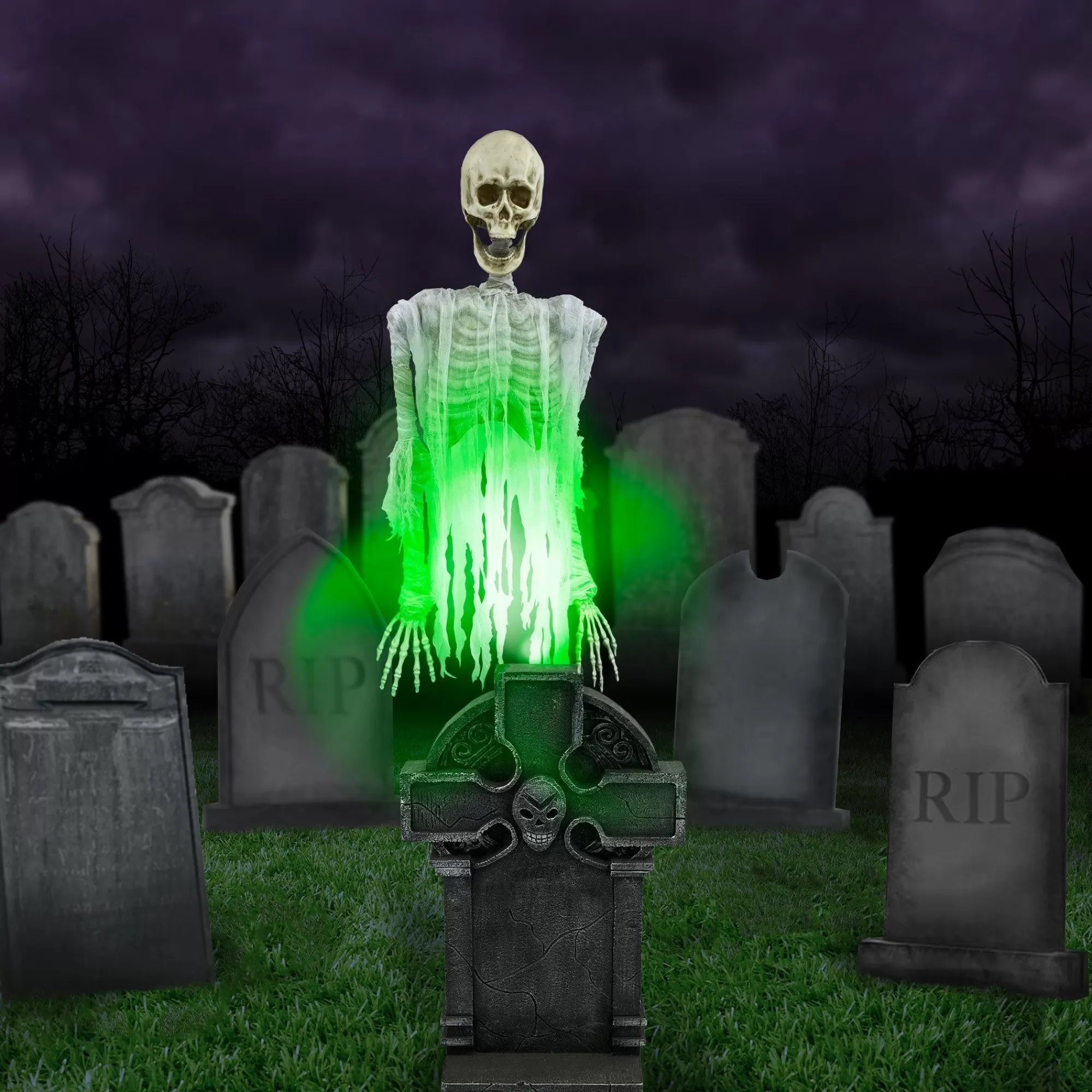 Party City Tombstones & Fencing | Light-Up Floating Skeleton Ghost & Gravestone Fabric & Plastic Yard Decoration With Sounds, 6Ft