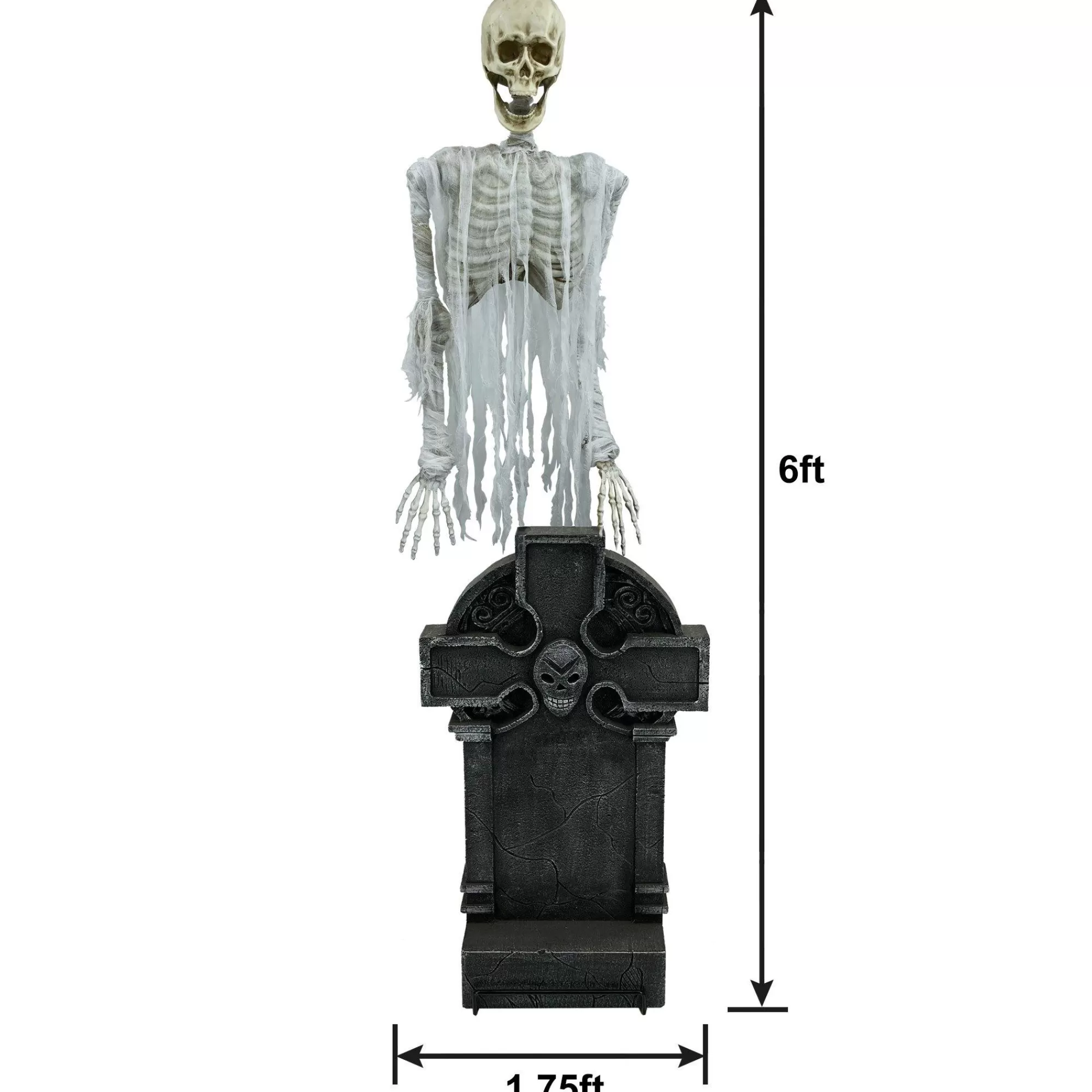 Party City Animatronics | Light-Up Floating Skeleton Ghost & Gravestone Fabric & Plastic Yard Decoration With Sounds, 6Ft