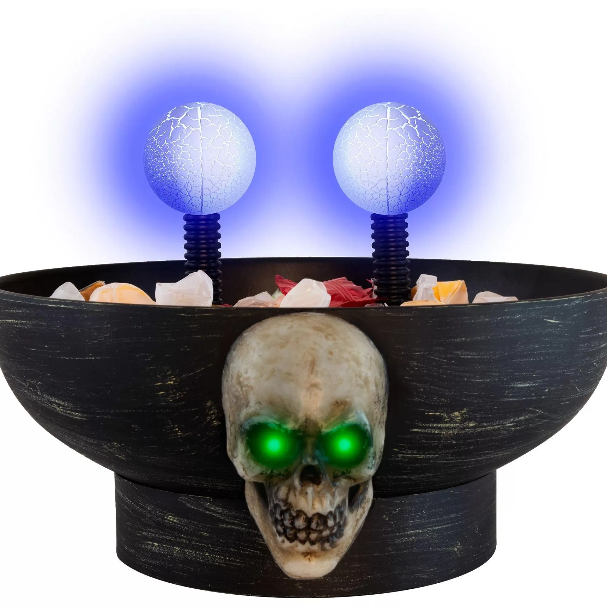 Party City Wicked Haunting | Light-Up Motion-Activated Electrode Skull Halloween Plastic Candy Bowl With Sounds, 8.5In X 7In