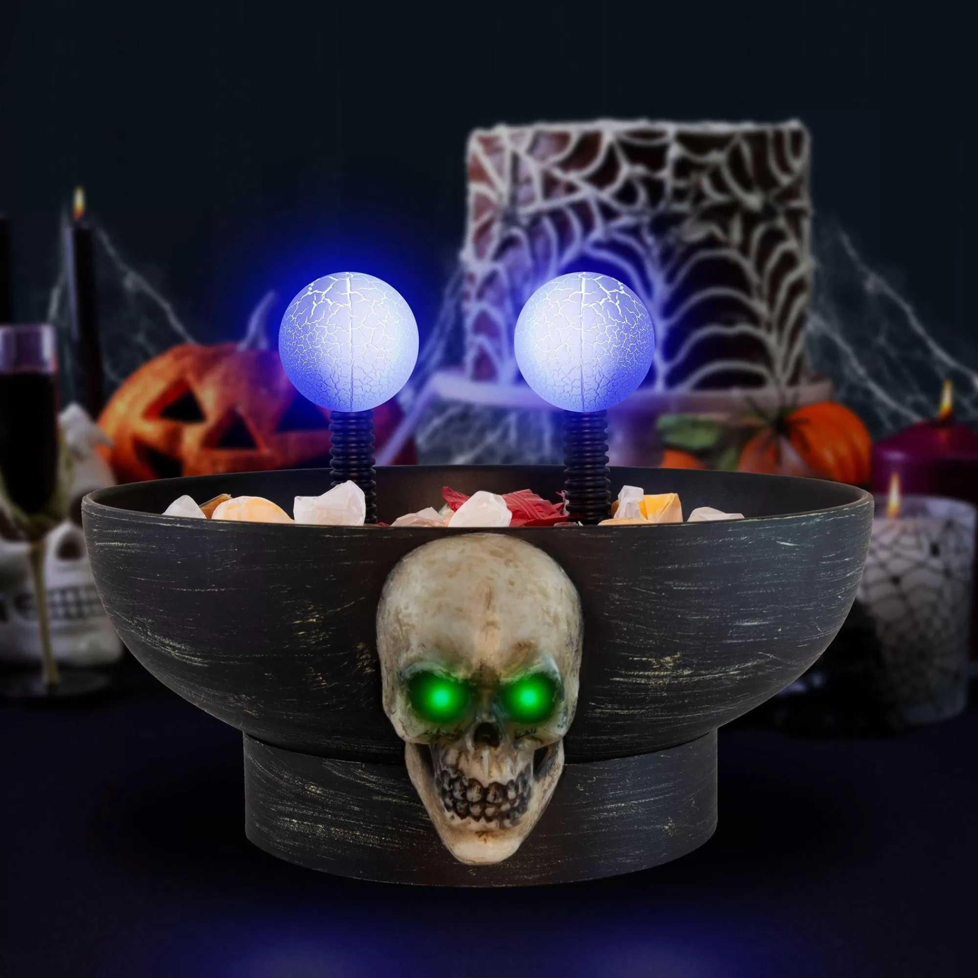 Party City Wicked Haunting | Light-Up Motion-Activated Electrode Skull Halloween Plastic Candy Bowl With Sounds, 8.5In X 7In