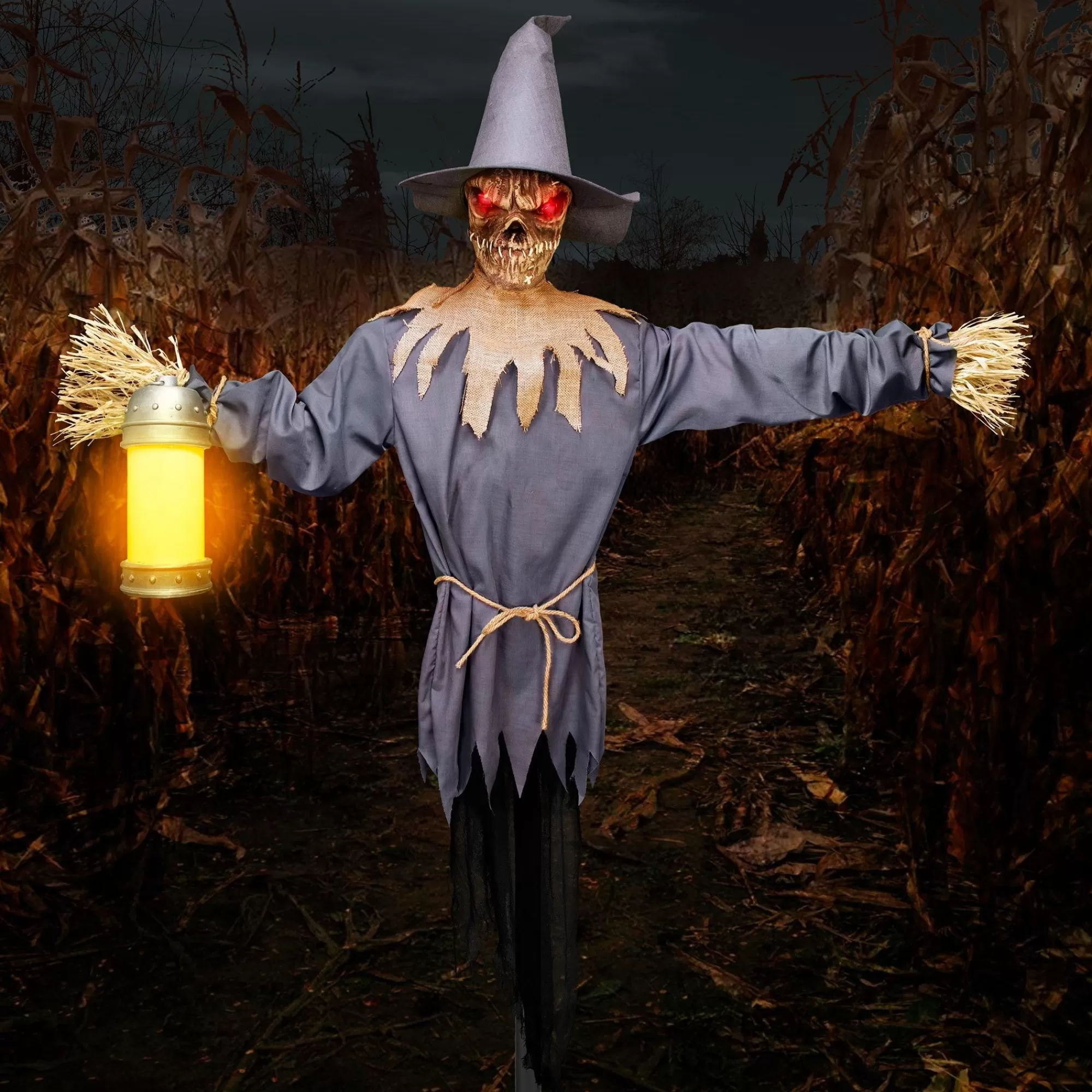 Party City Animatronics | Light-Up Motion-Activated Scarecrow & Lantern Plastic & Fabric Yard Stake With Sounds, 7.8Ft