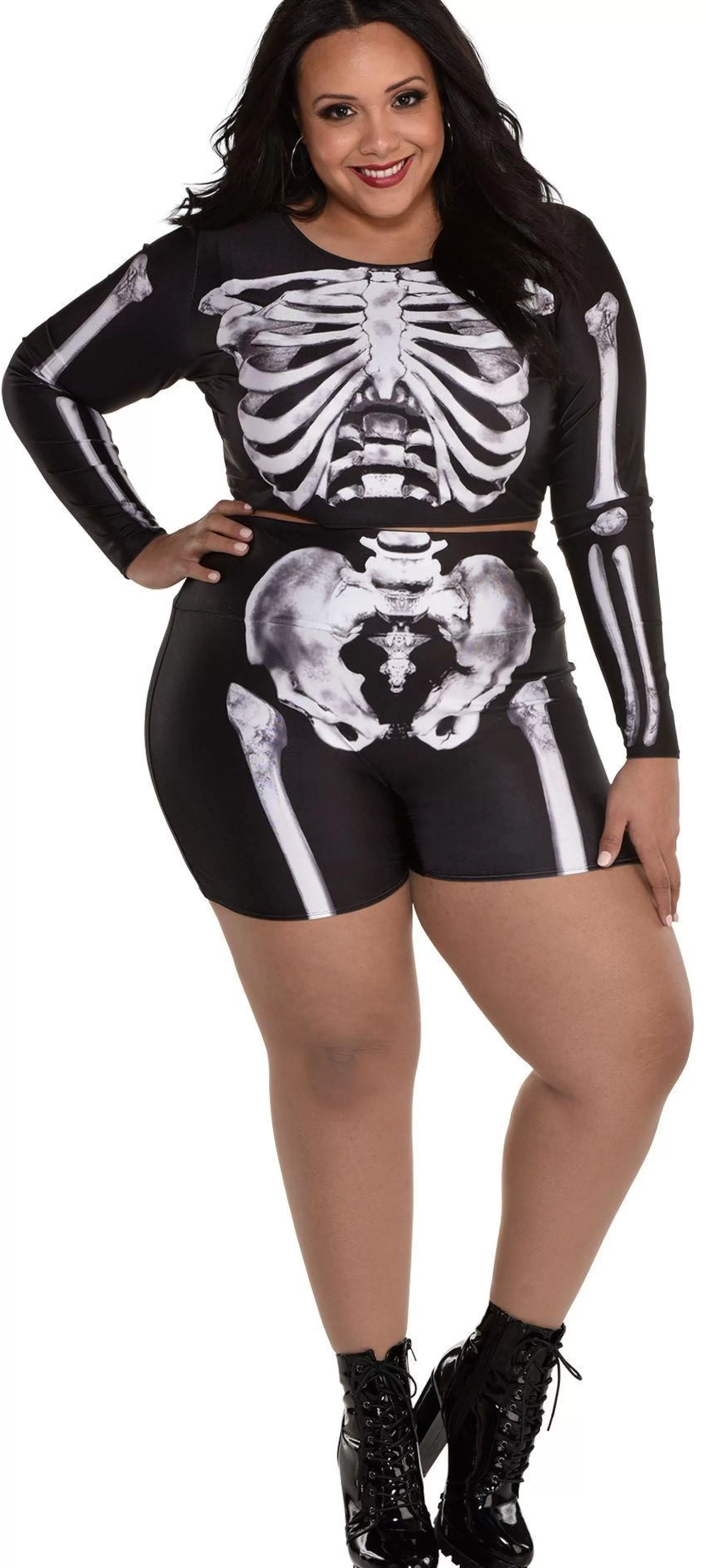 Party City Sexy-Plus Size Skeleton Crop Top & Biker Shorts Set For Adults