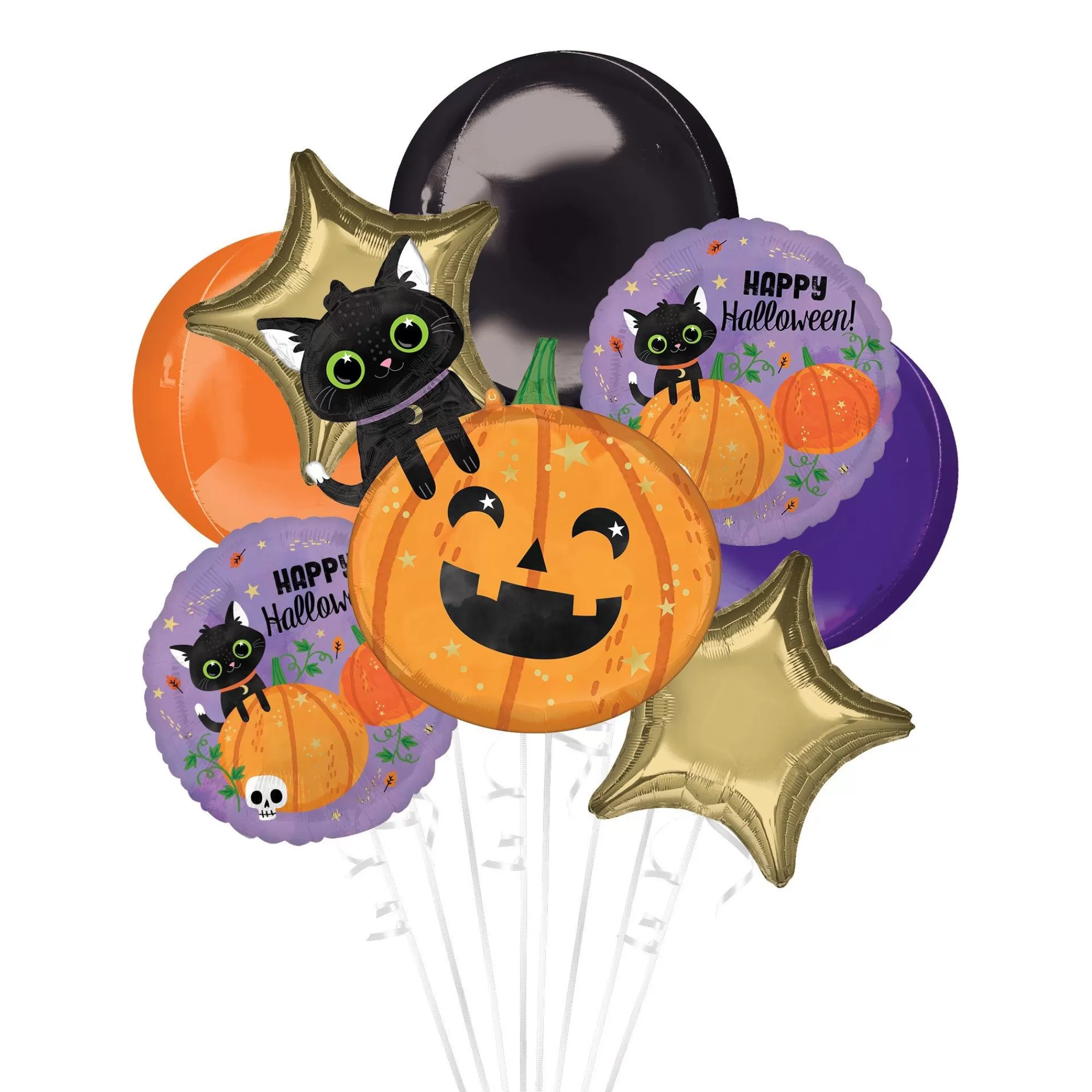 Party City Balloons | Premium Black Cat & Pumpkin Halloween Foil Balloon Bouquet, 8Pc