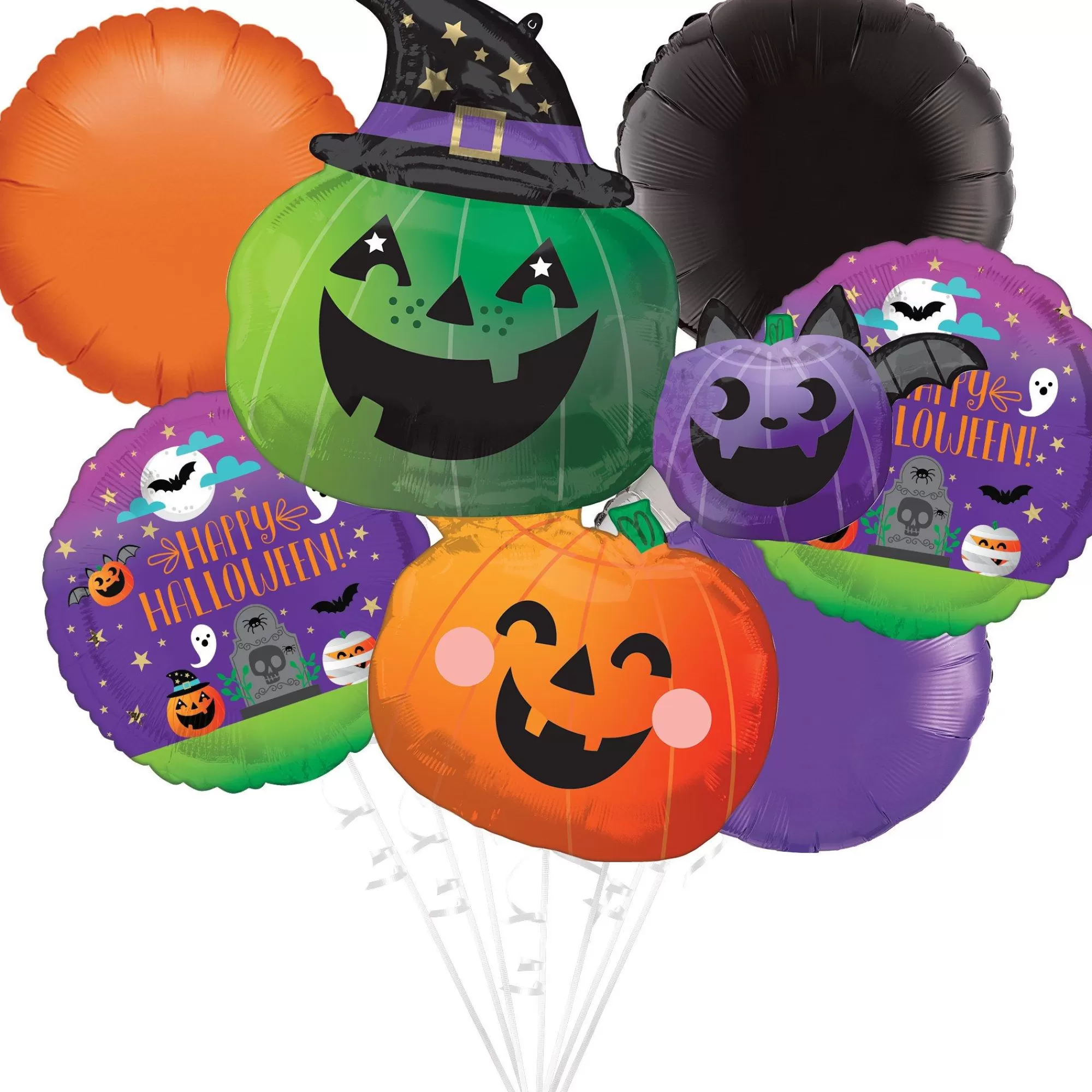 Party City Balloons | Pumpkin Witch Trio Halloween Foil Balloon Bouquet, 6Pc