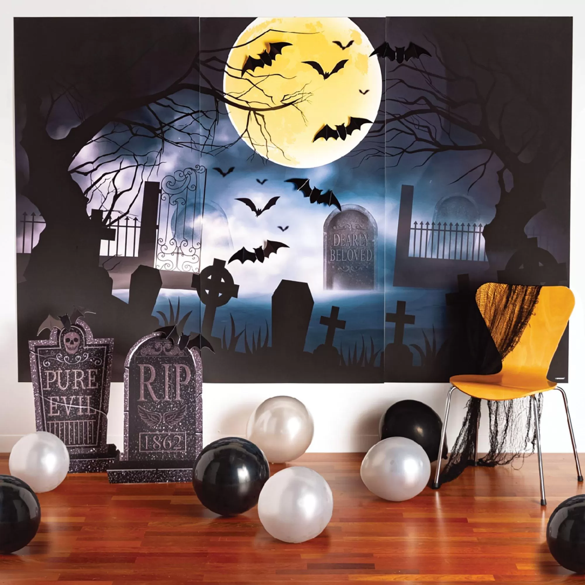 Party City Window & Wall Décor | Spooky Moonlit Cemetery Halloween Backdrop Kit, 100In X 65In