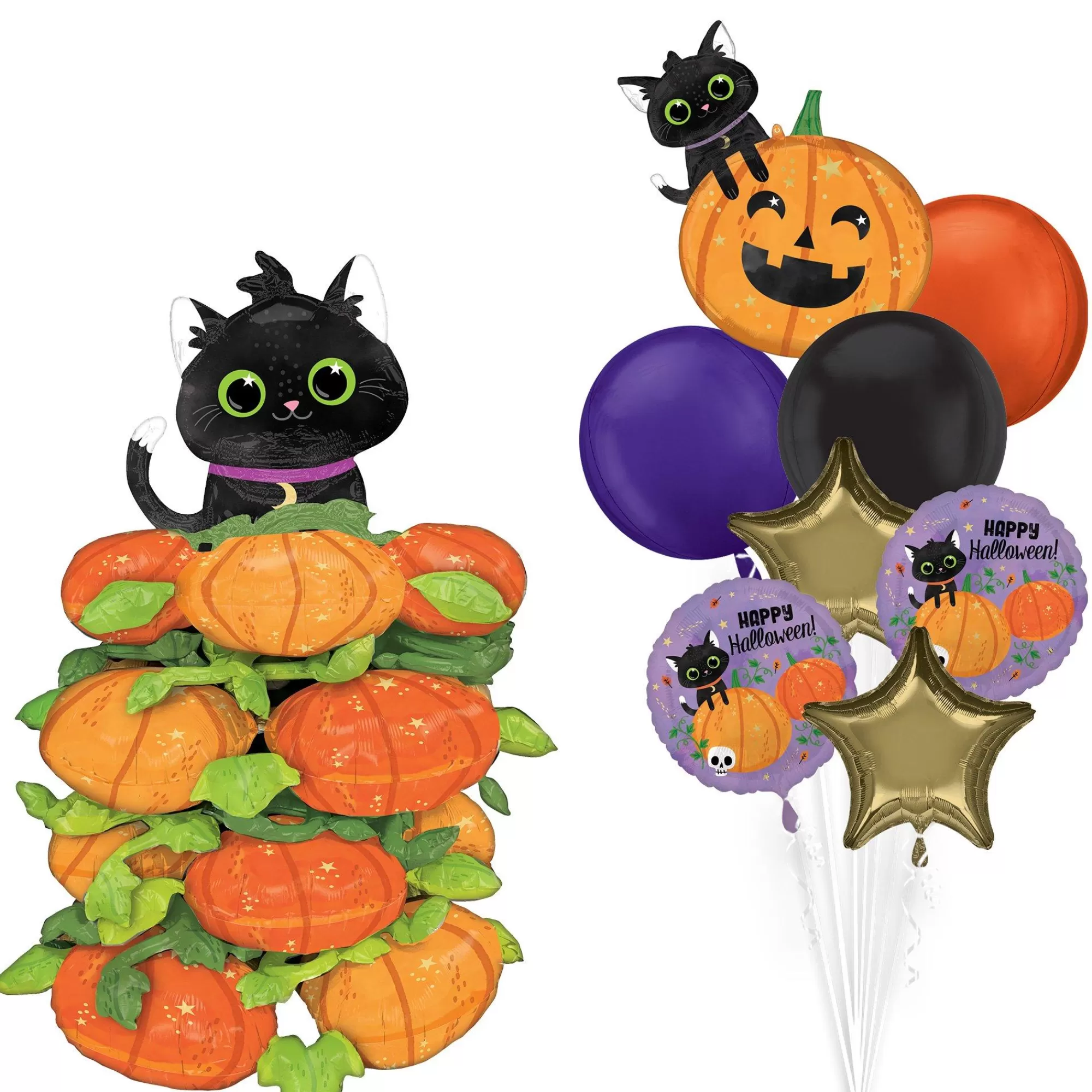 Party City Balloons | Stackerz Black Cat & Pumpkins & Happy Halloween Balloon Bouquet, 9Pc