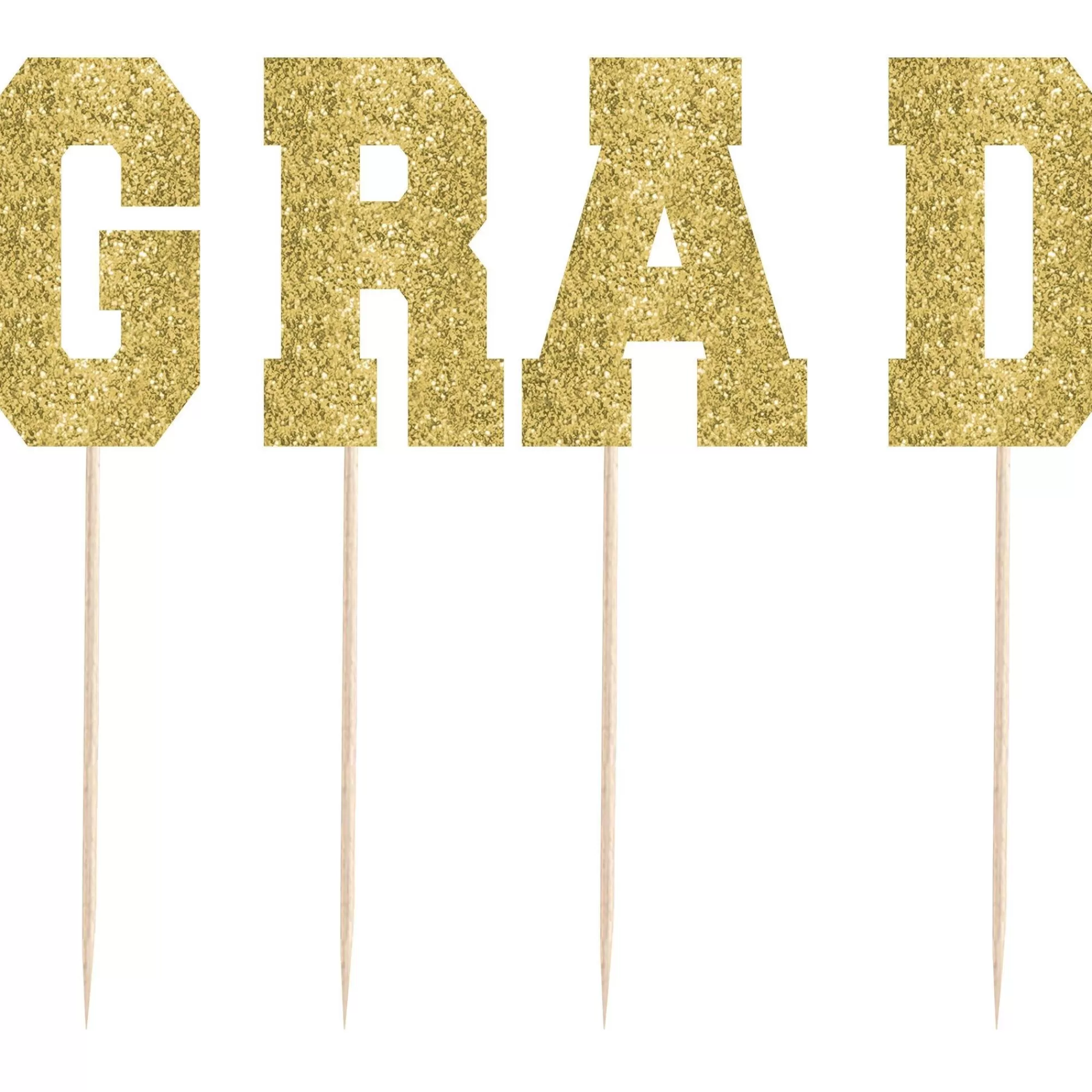 Party City Baking Supplies-Tall Glitter Gold Grad Party Picks 4Ct