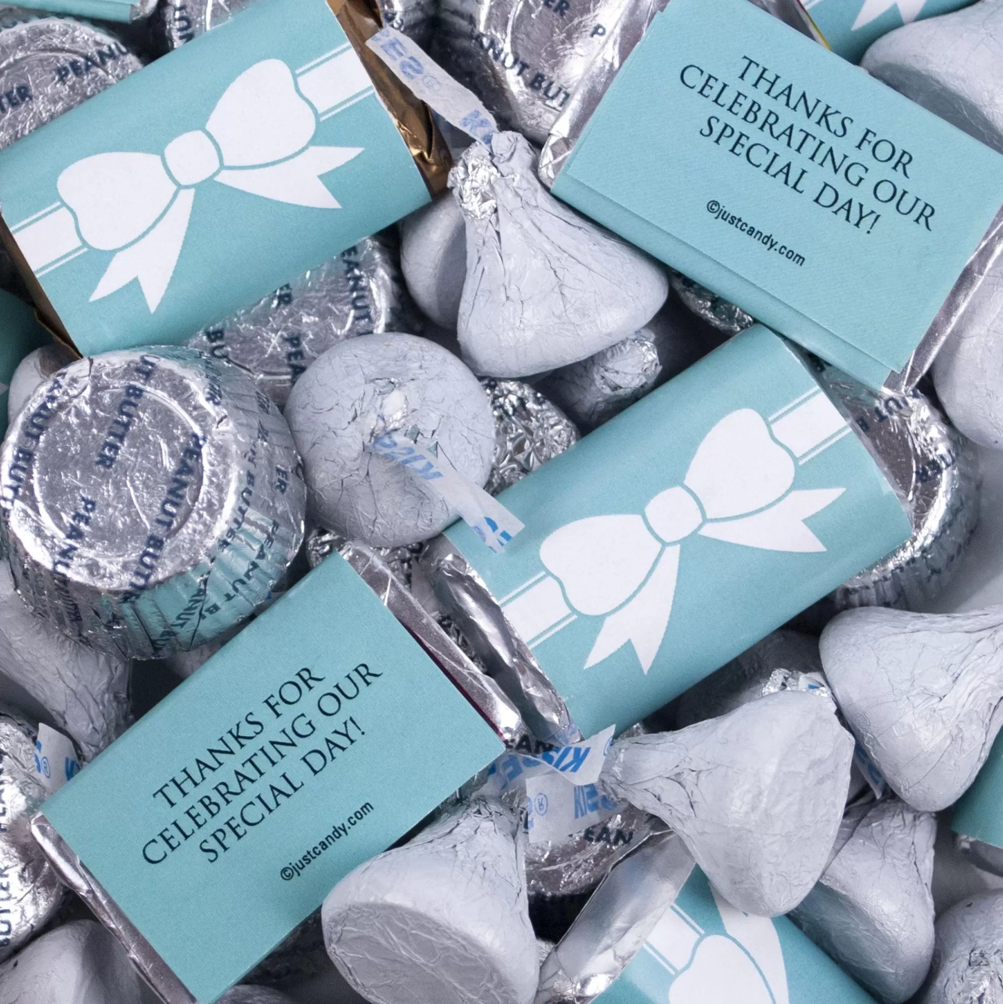 Hershey's Bulk Candy-Wedding Tiffany Bow Miniatures, Kisses And Jc Peanut Butter Cups 180Pc