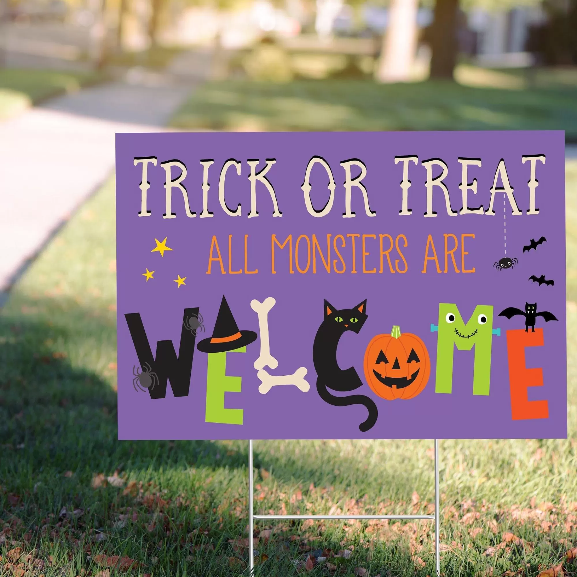 Party City Yard Stakes & Signs | Welcome All Monsters Trick-Or-Treat Yard Sign